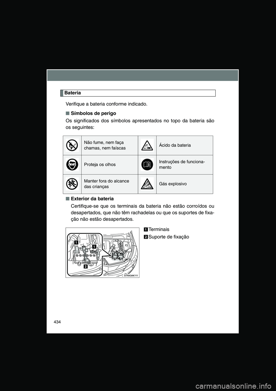TOYOTA VERSO 2014  Manual de utilização (in Portuguese) 434
Bateria
Verifique a bateria conforme indicado.
■■■■Símbolos de perigo
Os significados dos símbolos apresentados no topo da bateria são
os seguintes:
■■■■Exterior da bateria
Cert