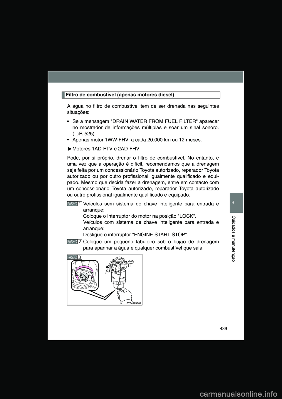 TOYOTA VERSO 2014  Manual de utilização (in Portuguese) 439
4
Cuidados e manutenção
Filtro de combustível (apenas motores diesel)
A água no filtro de combustível tem de ser drenada nas seguintes
situações:
 Se a mensagem "DRAIN WATER FROM FUEL FILT
