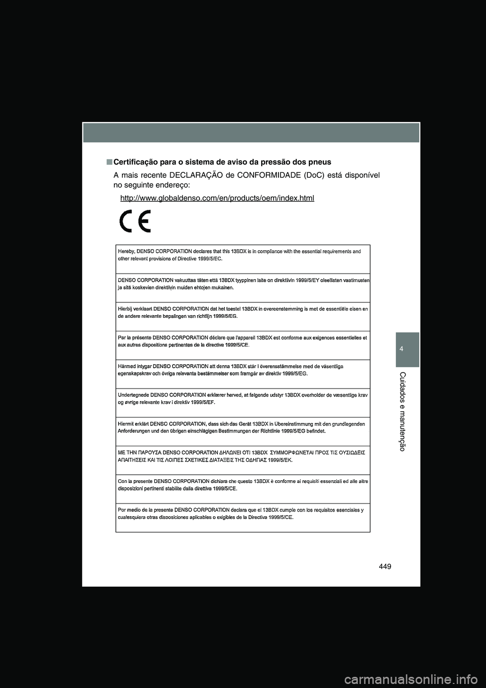 TOYOTA VERSO 2014  Manual de utilização (in Portuguese) 449
4
Cuidados e manutenção
■■■■Certificação para o sistema de aviso da pressão dos pneus
A mais recente DECLARAÇÃO de CONFORMIDADE (DoC) está disponível
no seguinte endereço:
http:/