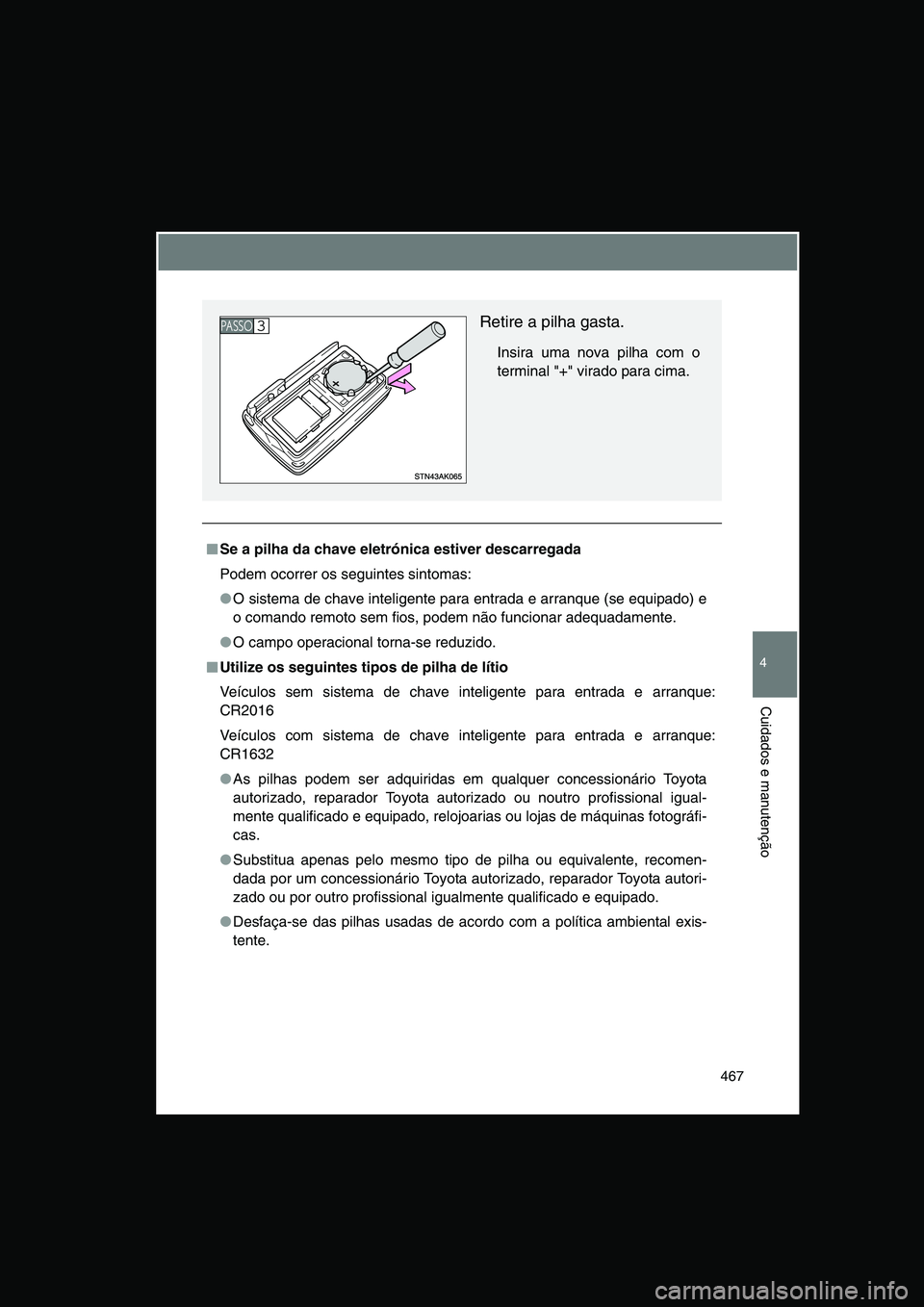 TOYOTA VERSO 2014 Manual de utilização (in Portuguese) 467
4
Cuidados e manutenção
■■■■Se a pilha da chave eletrónica estiver descarregada
Podem ocorrer os seguintes sintomas:
●O sistema de chave inteligente para entrada e arranque (se equipa TOYOTA VERSO 2014 Manual de utilização (in Portuguese) 467
4
Cuidados e manutenção
■■■■Se a pilha da chave eletrónica estiver descarregada
Podem ocorrer os seguintes sintomas:
●O sistema de chave inteligente para entrada e arranque (se equipa