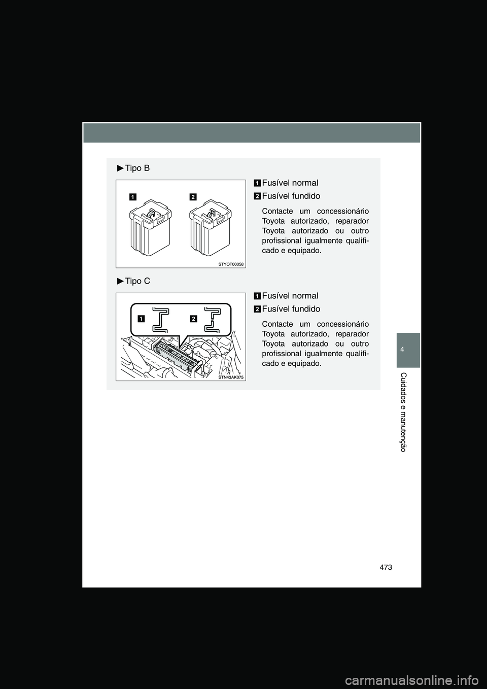 TOYOTA VERSO 2014  Manual de utilização (in Portuguese) 473
4
Cuidados e manutenção
Tipo B
Fusível normal
Fusível fundido
Contacte um concessionário
Toyota autorizado, reparador
Toyota autorizado ou outro
profissional igualmente qualifi-
cado e equipa
