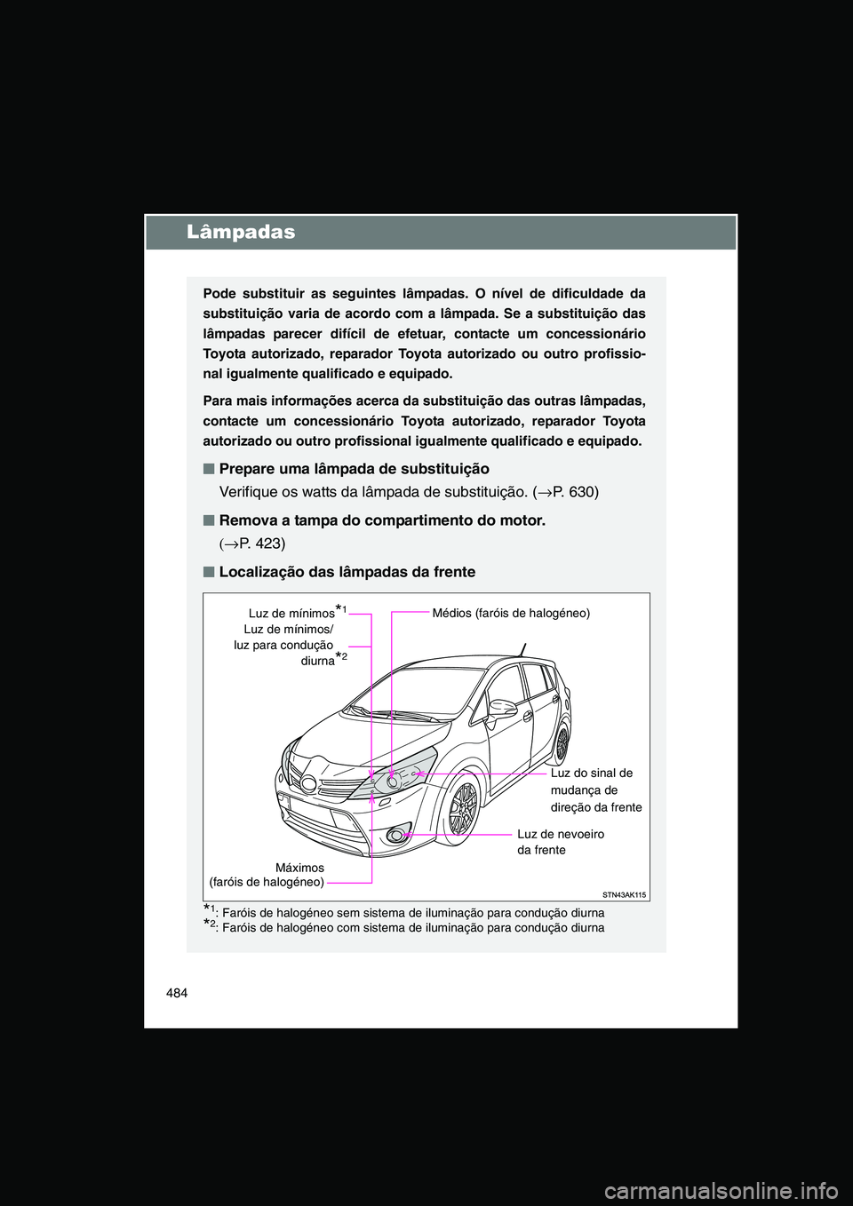 TOYOTA VERSO 2014  Manual de utilização (in Portuguese) 484
Lâmpadas
Pode substituir as seguintes lâmpadas. O nível de dificuldade da
substituição varia de acordo com a lâmpada. Se a substituição das
lâmpadas parecer difícil de efetuar, contacte 