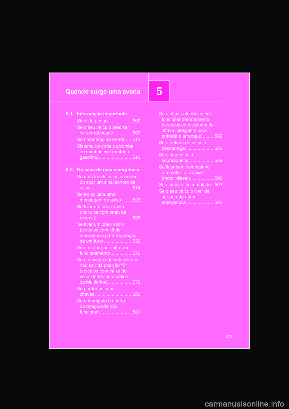 TOYOTA VERSO 2014  Manual de utilização (in Portuguese) 5Quando surge uma avaria
501
5-1. Informação importante
Sinal de perigo .................  502
Se o seu veículo precisar 
de ser rebocado .............  503
Se notar algo de errado ....  512
Sistem