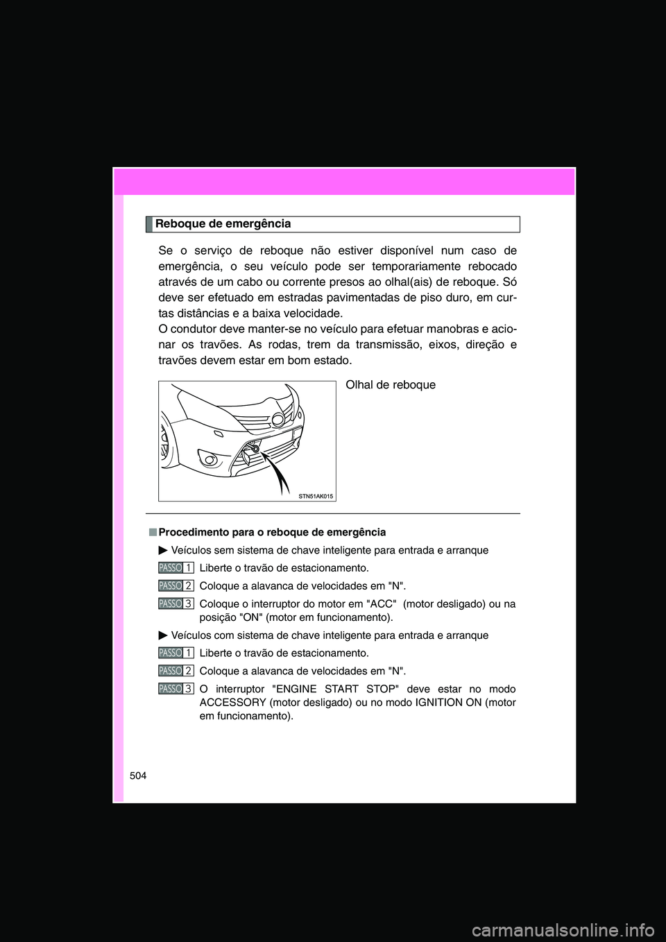 TOYOTA VERSO 2014  Manual de utilização (in Portuguese) 504
Reboque de emergência
Se o serviço de reboque não estiver disponível num caso de
emergência, o seu veículo pode ser temporariamente rebocado
através de um cabo ou corrente presos ao olhal(a