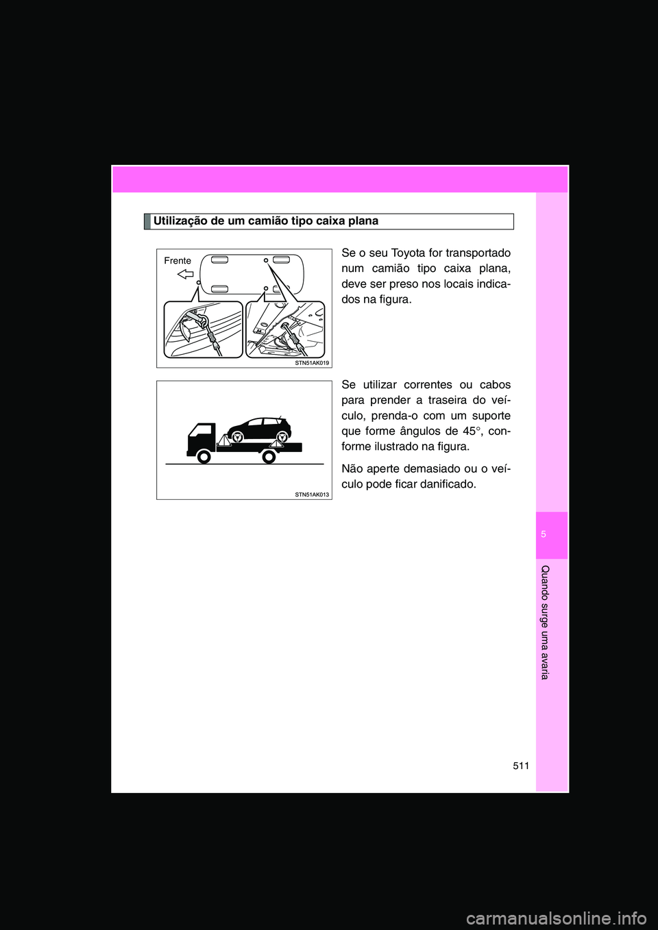 TOYOTA VERSO 2014  Manual de utilização (in Portuguese) 5
511
Quando surge uma avaria
Utilização de um camião tipo caixa plana
Se o seu Toyota for transportado
num camião tipo caixa plana,
deve ser preso nos locais indica-
dos na figura.
Se utilizar co