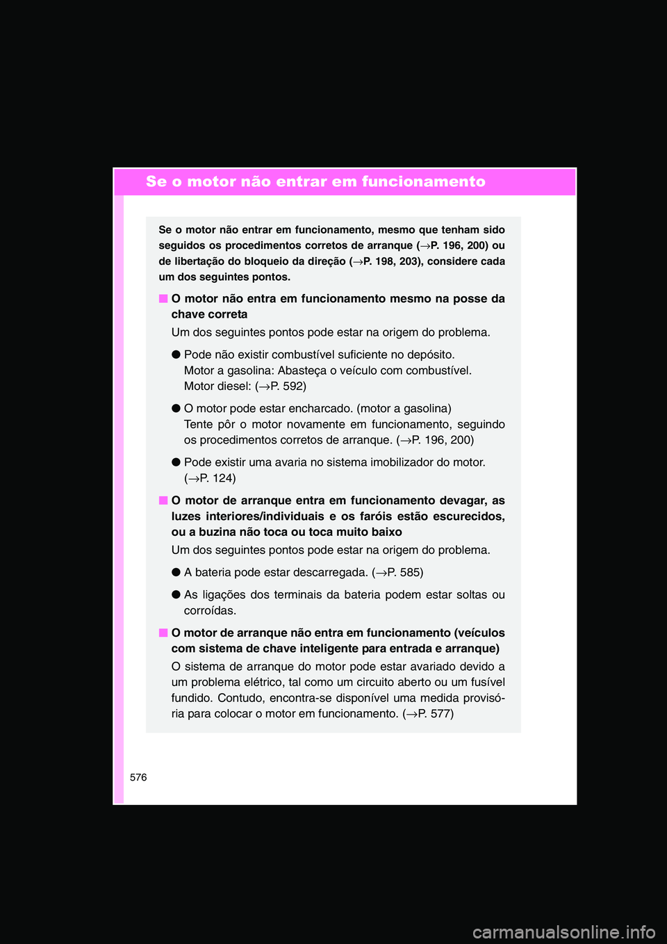 TOYOTA VERSO 2014  Manual de utilização (in Portuguese) 576
Se o motor não entrar em funcionamento
Se o motor não entrar em funcionamento, mesmo que tenham sido
seguidos os procedimentos corretos de arranque (→P. 196, 200) ou
de libertação do bloquei