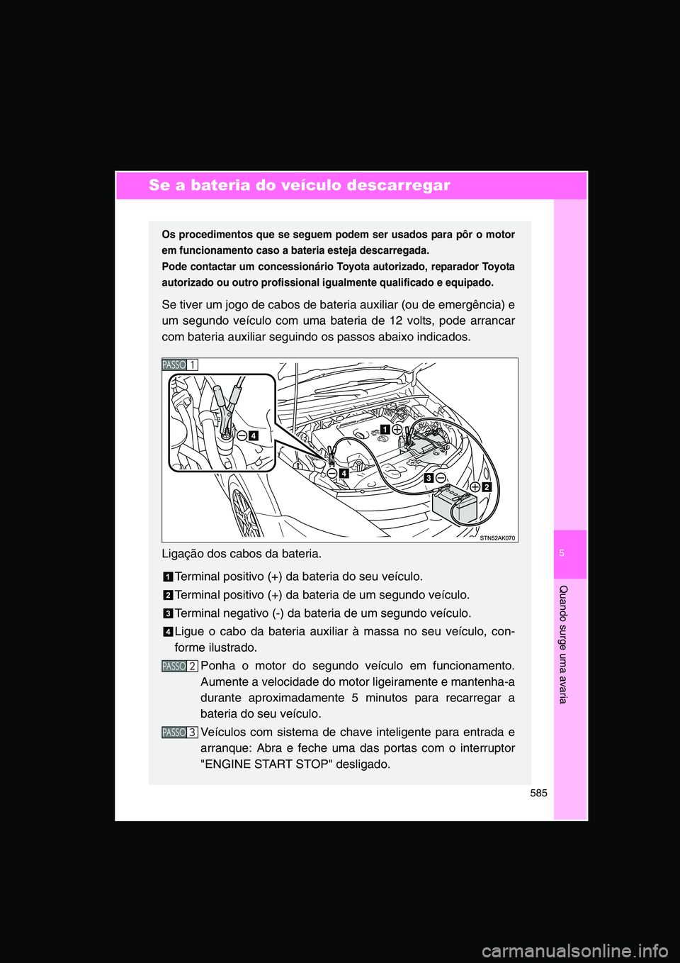 TOYOTA VERSO 2014  Manual de utilização (in Portuguese) 5
585
Quando surge uma avaria
Se a bateria do veículo descarregar
Os procedimentos que se seguem podem ser usados para pôr o motor
em funcionamento caso a bateria esteja descarregada.
Pode contactar