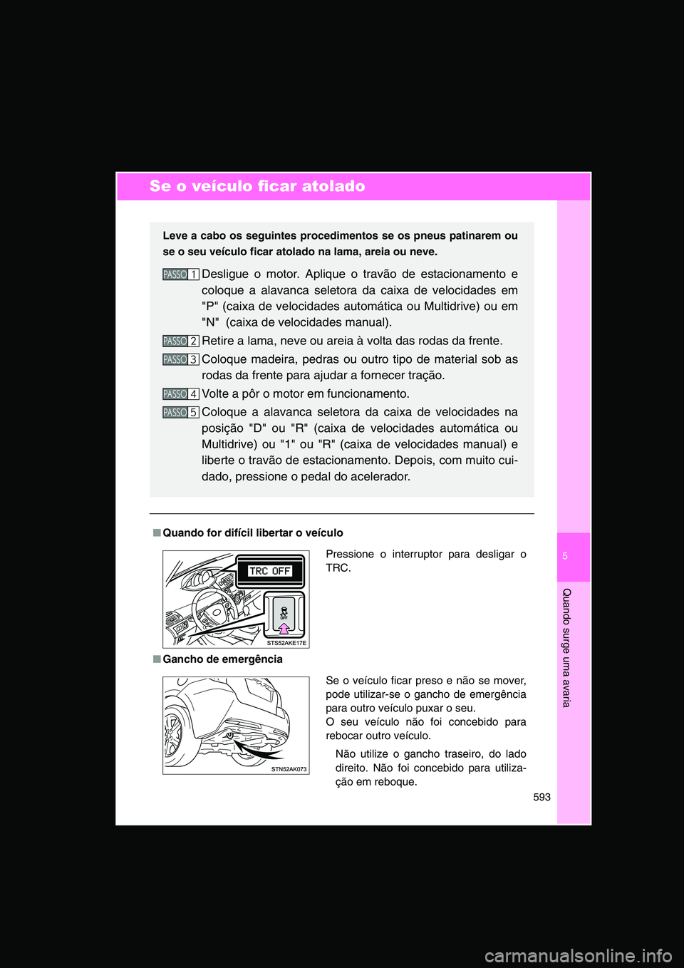 TOYOTA VERSO 2014 Manual de utilização (in Portuguese) 5
593
Quando surge uma avaria
Se o veículo ficar atolado
■Quando for difícil libertar o veículo
■Gancho de emergência
Leve a cabo os seguintes procedimentos se os pneus patinarem ou
se o seu v TOYOTA VERSO 2014 Manual de utilização (in Portuguese) 5
593
Quando surge uma avaria
Se o veículo ficar atolado
■Quando for difícil libertar o veículo
■Gancho de emergência
Leve a cabo os seguintes procedimentos se os pneus patinarem ou
se o seu v