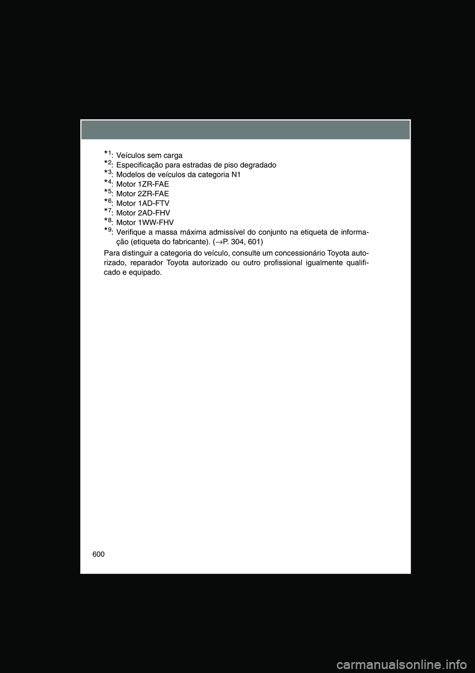 TOYOTA VERSO 2014  Manual de utilização (in Portuguese) 600
*1: Veículos sem carga
*2: Especificação para estradas de piso degradado
*3: Modelos de veículos da categoria N1
*4: Motor 1ZR-FAE 
*5: Motor 2ZR-FAE 
*6: Motor 1AD-FTV 
*7: Motor 2AD-FHV 
*8:
