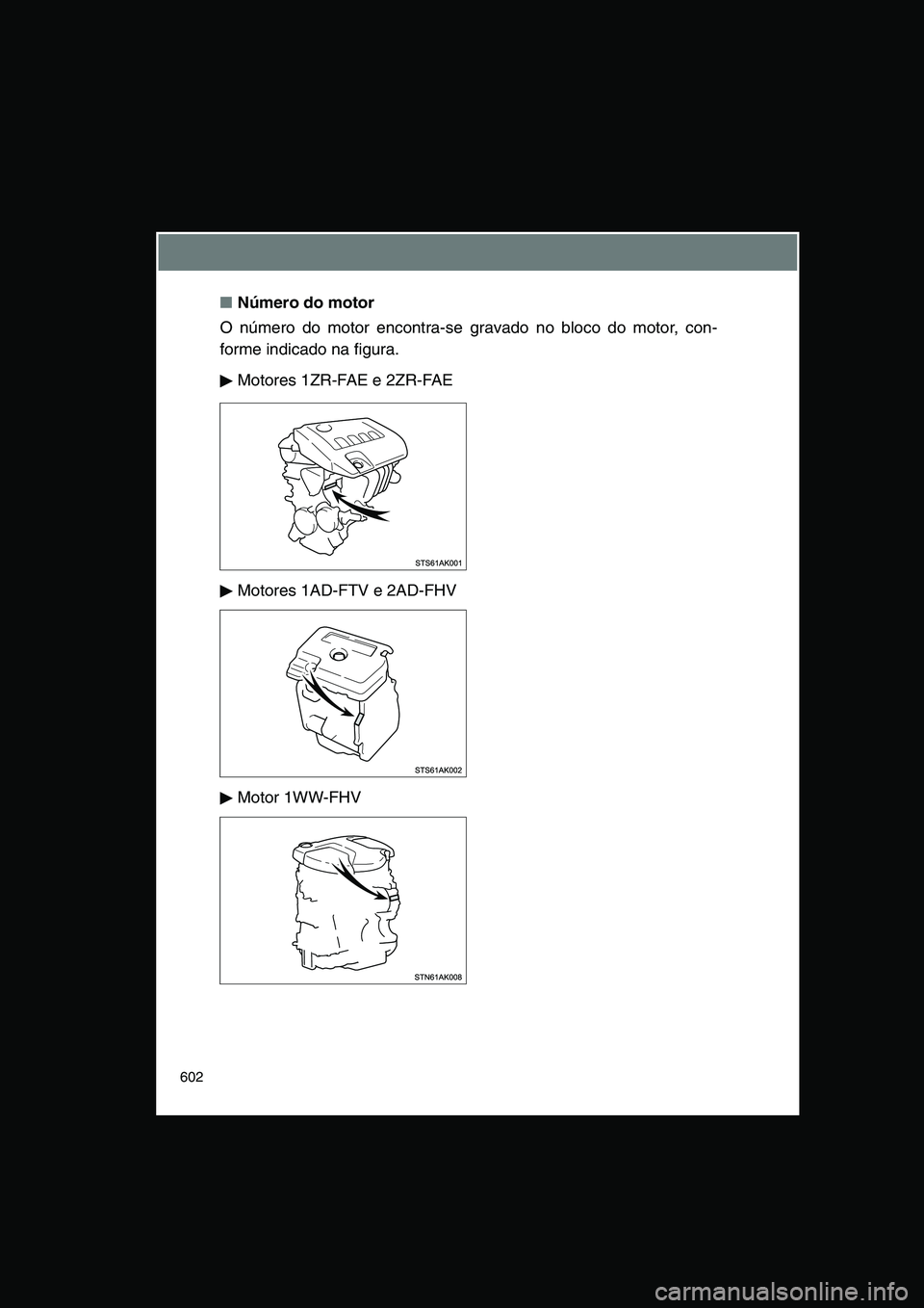 TOYOTA VERSO 2014  Manual de utilização (in Portuguese) 602
■Número do motor 
O número do motor encontra-se gravado no bloco do motor, con-
forme indicado na figura.
Motores 1ZR-FAE e 2ZR-FAE
Motores 1AD-FTV e 2AD-FHV
Motor 1WW-FHV      