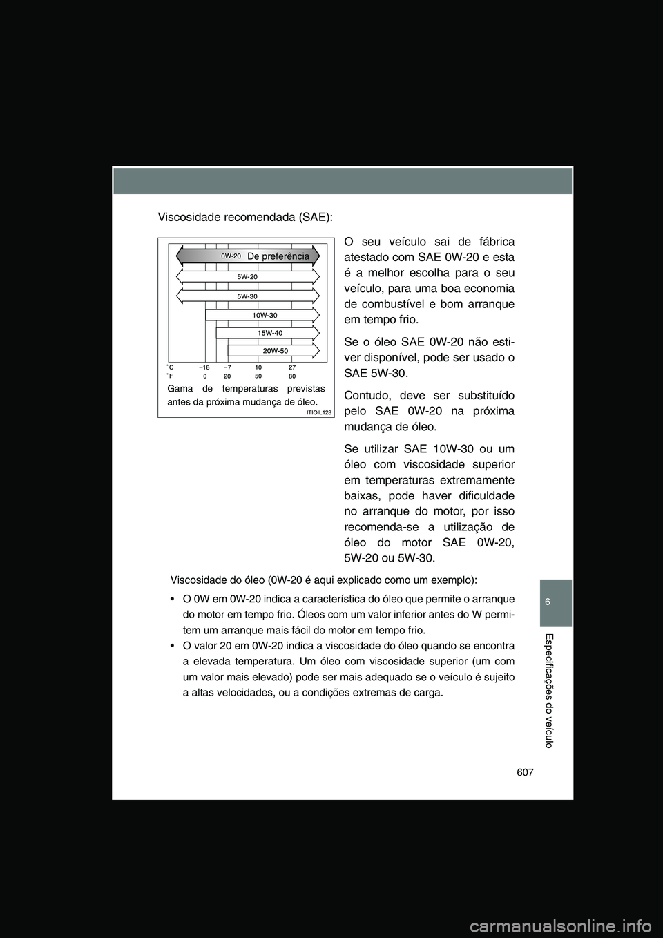 TOYOTA VERSO 2014 Manual de utilização (in Portuguese) 607
6
Especificações do veículo
Viscosidade recomendada (SAE):
O seu veículo sai de fábrica
atestado com SAE 0W-20 e esta
é a melhor escolha para o seu
veículo, para uma boa economia
de combust TOYOTA VERSO 2014 Manual de utilização (in Portuguese) 607
6
Especificações do veículo
Viscosidade recomendada (SAE):
O seu veículo sai de fábrica
atestado com SAE 0W-20 e esta
é a melhor escolha para o seu
veículo, para uma boa economia
de combust