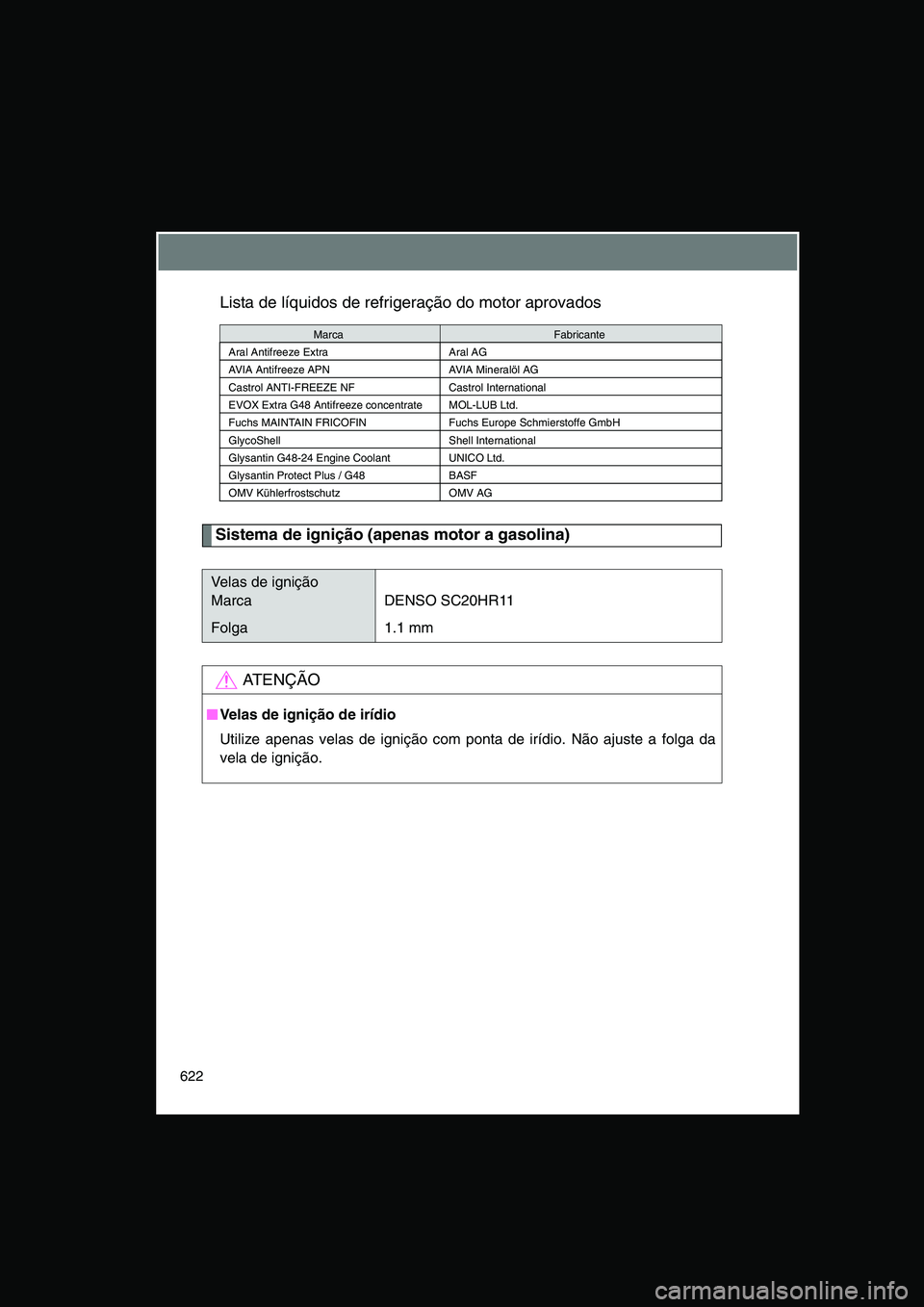 TOYOTA VERSO 2014  Manual de utilização (in Portuguese) 622
Lista de líquidos de refrigeração do motor aprovados
Sistema de ignição (apenas motor a gasolina)
MarcaFabricante
Aral Antifreeze Extra Aral AG
AVIA Antifreeze APN AVIA Mineralöl AG
Castrol 