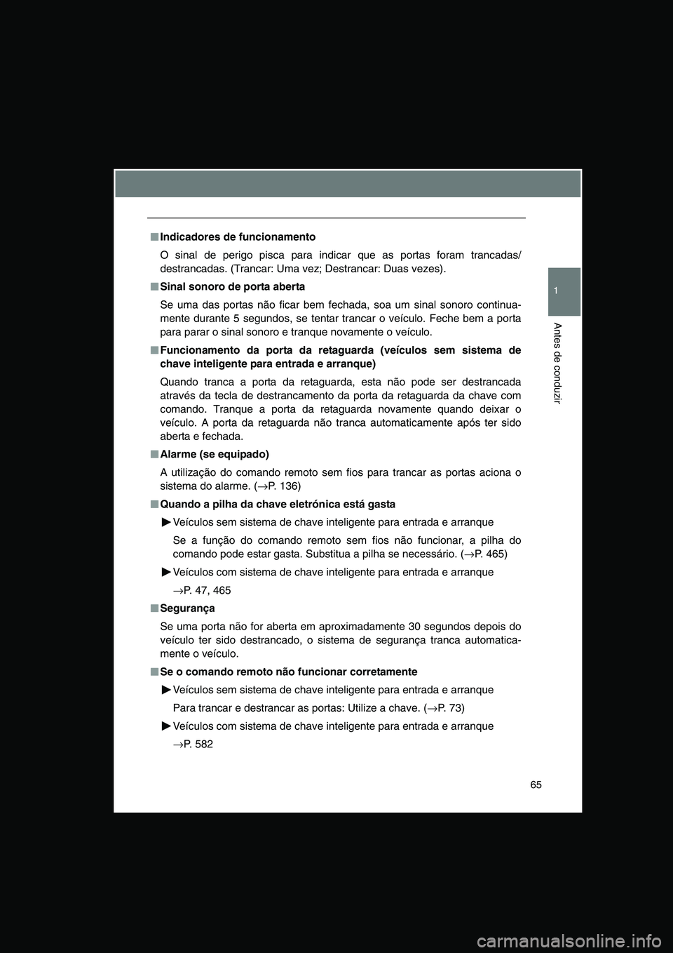 TOYOTA VERSO 2014  Manual de utilização (in Portuguese) 65
1
Antes de conduzir
■■■■Indicadores de funcionamento
O sinal de perigo pisca para indicar que as portas foram trancadas/
destrancadas. (Trancar: Uma vez; Destrancar: Duas vezes).
■■■