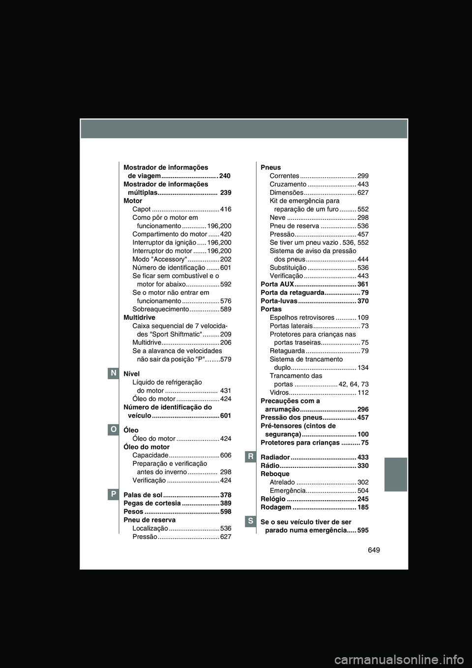 TOYOTA VERSO 2014 Manual de utilização (in Portuguese) 649
Mostrador de informações
de viagem ............................. . 240
Mostrador de informações
múltiplas................................ 239
Motor
Capot ................................. TOYOTA VERSO 2014 Manual de utilização (in Portuguese) 649
Mostrador de informações
de viagem ............................. . 240
Mostrador de informações
múltiplas................................ 239
Motor
Capot .................................