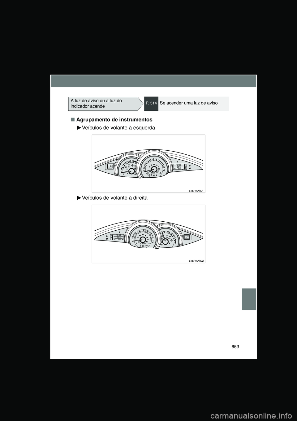 TOYOTA VERSO 2014  Manual de utilização (in Portuguese) 653
■Agrupamento de instrumentos
Veículos de volante à esquerda
Veículos de volante à direita
A luz de aviso ou a luz do 
indicador acendeP.  5 1 4Se acender uma luz de aviso      