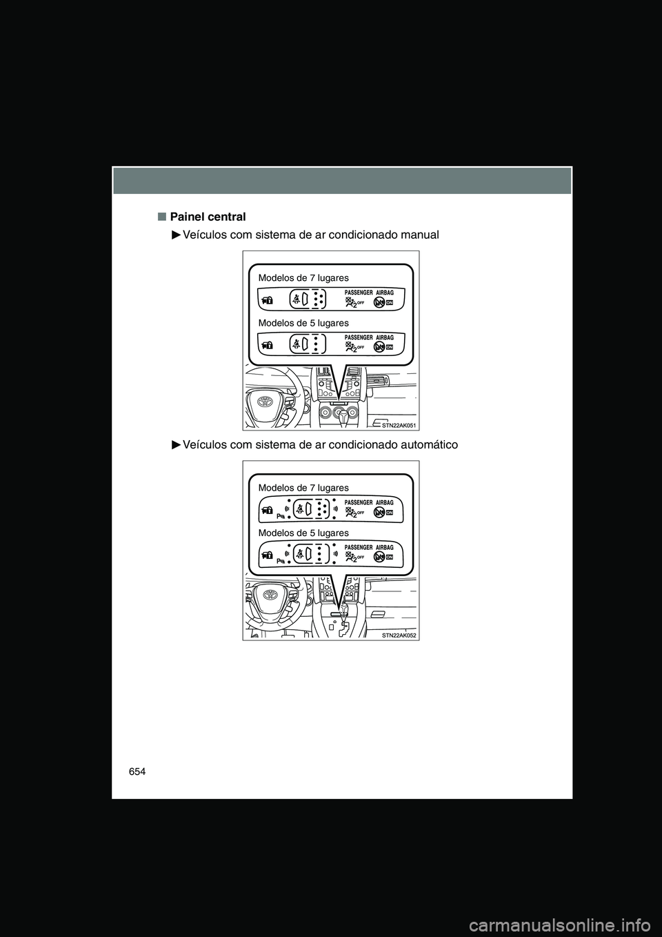 TOYOTA VERSO 2014  Manual de utilização (in Portuguese) 654
■Painel central
Veículos com sistema de ar condicionado manual
Veículos com sistema de ar condicionado automático
Modelos de 7 lugares
Modelos de 5 lugares
Modelos de 7 lugares 
Modelos de 5 