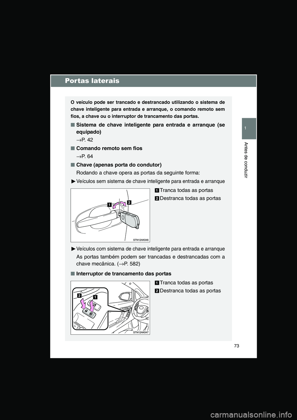 TOYOTA VERSO 2014  Manual de utilização (in Portuguese) 73
1
Antes de conduzir
Por tas laterais
O veículo pode ser trancado e destrancado utilizando o sistema de
chave inteligente para entrada e arranque, o comando remoto sem
fios, a chave ou o interrupto