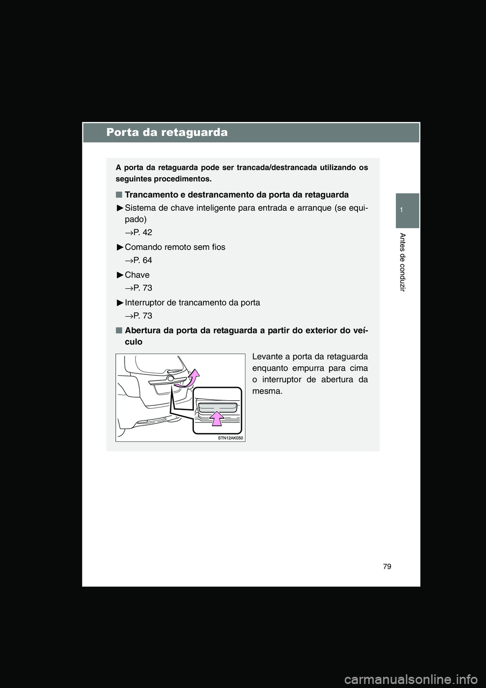 TOYOTA VERSO 2014  Manual de utilização (in Portuguese) 79
1
Antes de conduzir
Porta da retaguarda
A porta da retaguarda pode ser trancada/destrancada utilizando os
seguintes procedimentos.
■■■■Trancamento e destrancamento da porta da retaguarda
Si