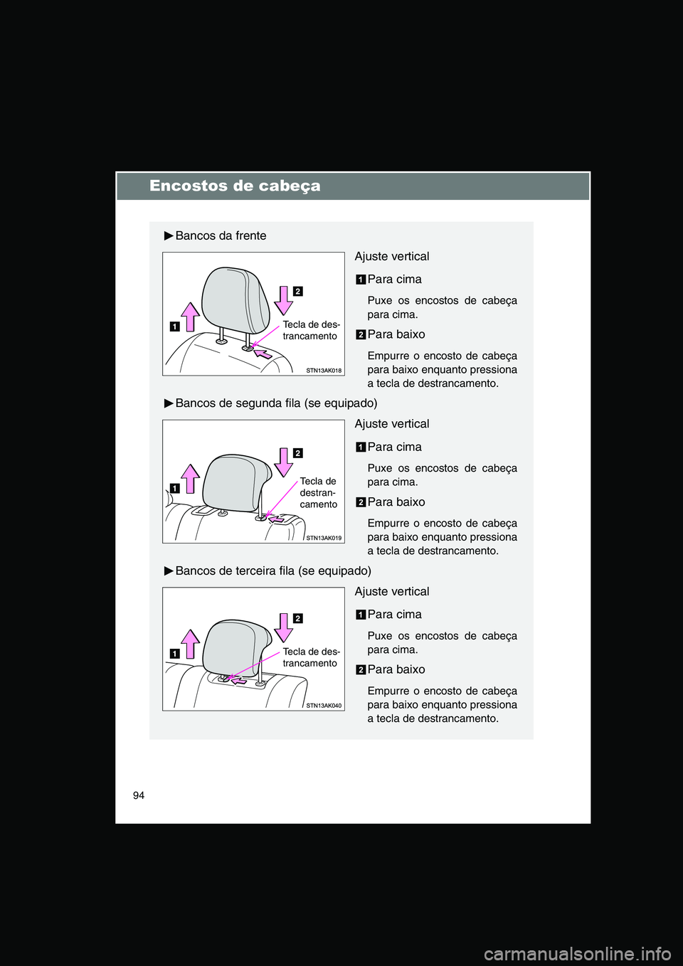TOYOTA VERSO 2014  Manual de utilização (in Portuguese) 94
Encostos de cabeça
Bancos da frente
Ajuste vertical
Para cima
Puxe os encostos de cabeça
para cima.
Para baixo
Empurre o encosto de cabeça
para baixo enquanto pressiona
a tecla de destrancamento
