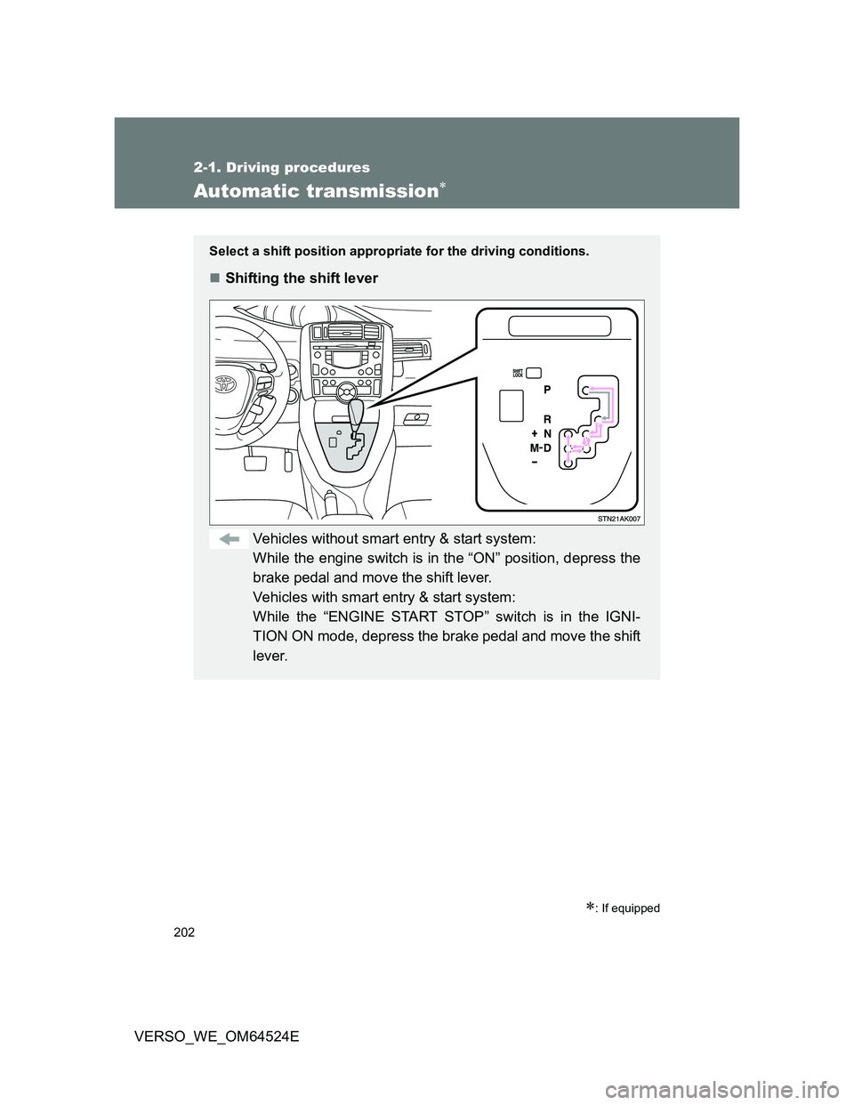 TOYOTA VERSO 2011  Owners Manual 202
2-1. Driving procedures
VERSO_WE_OM64524E
Automatic transmission
: If equipped
Select a shift position appropriate for the driving conditions.
Shifting the shift lever
Vehicles without sm