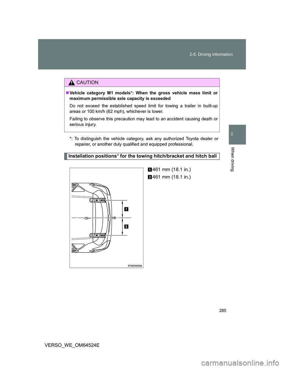 TOYOTA VERSO 2011  Owners Manual 285 2-5. Driving information
2
When driving
VERSO_WE_OM64524E
*: To distinguish the vehicle category, ask any authorized Toyota dealer or
repairer, or another duly qualified and equipped professional.