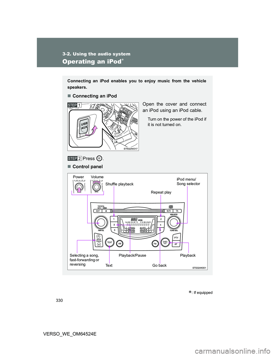 TOYOTA VERSO 2011  Owners Manual 330
3-2. Using the audio system
VERSO_WE_OM64524E
Operating an iPod
: If equipped
Connecting an iPod enables you to enjoy music from the vehicle
speakers.
Connecting an iPod
Open the cover an