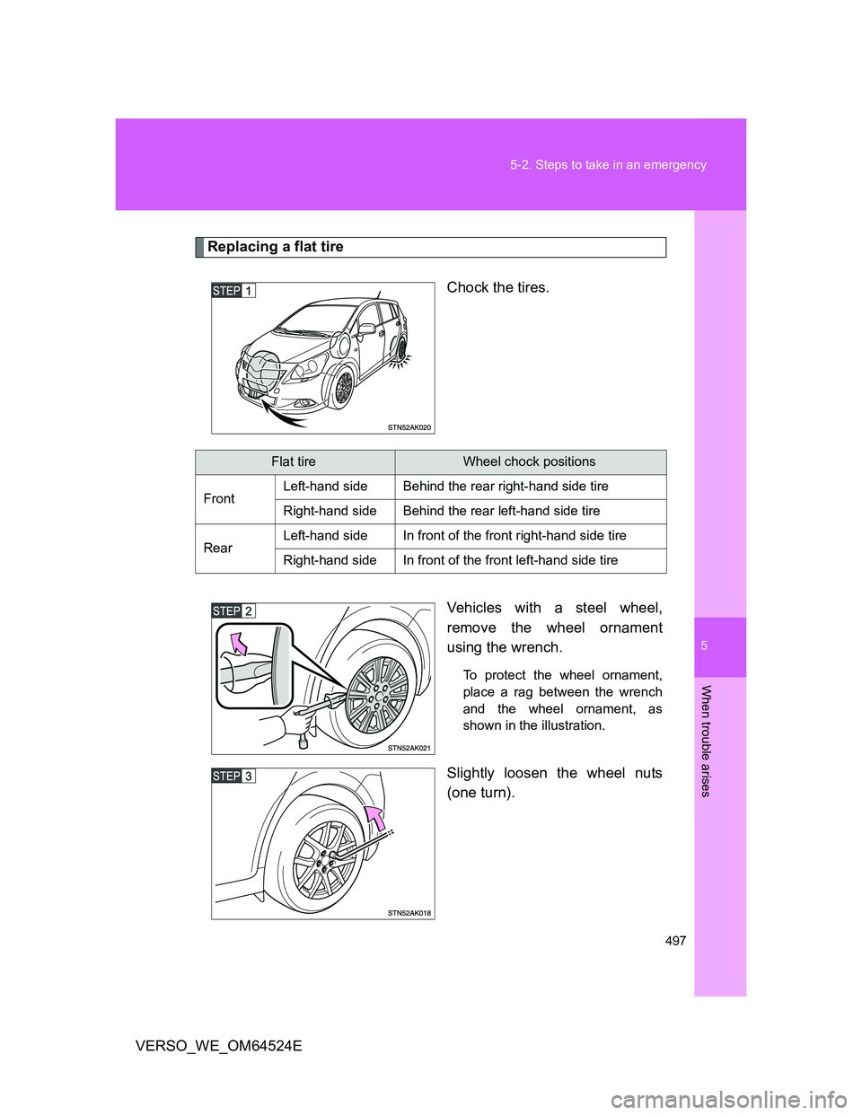 TOYOTA VERSO 2011  Owners Manual 5
497 5-2. Steps to take in an emergency
When trouble arises
VERSO_WE_OM64524E
Replacing a flat tire
Chock the tires.
Vehicles with a steel wheel,
remove the wheel ornament
using the wrench.
To protec