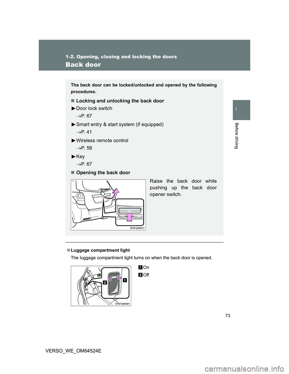 TOYOTA VERSO 2011  Owners Manual 73
1
1-2. Opening, closing and locking the doors
Before driving
VERSO_WE_OM64524E
Back door
Luggage compartment light
The luggage compartment light turns on when the back door is opened.
The back d