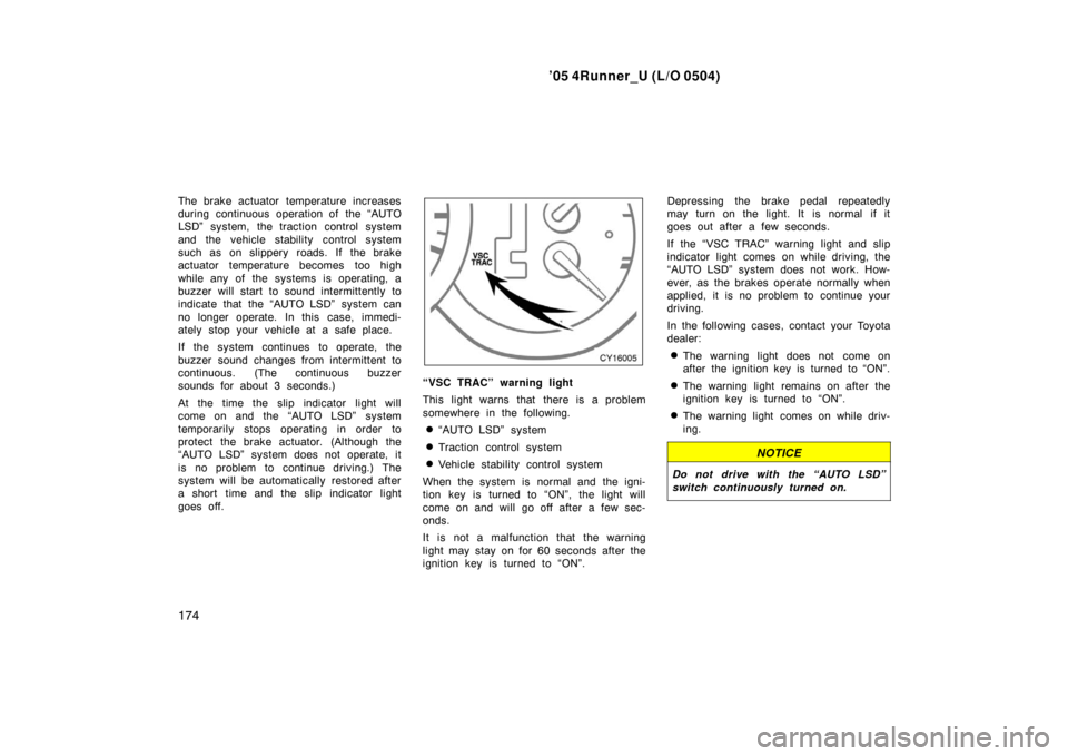 TOYOTA 4RUNNER 2005 N210 / 4.G Owners Manual ’05 4Runner_U (L/O 0504)
174
The brake actuator temperature increases
during continuous operation of the “AUTO
LSD” system, the traction control system
and the vehicle stability control system
s TOYOTA 4RUNNER 2005 N210 / 4.G Owners Manual ’05 4Runner_U (L/O 0504)
174
The brake actuator temperature increases
during continuous operation of the “AUTO
LSD” system, the traction control system
and the vehicle stability control system
s