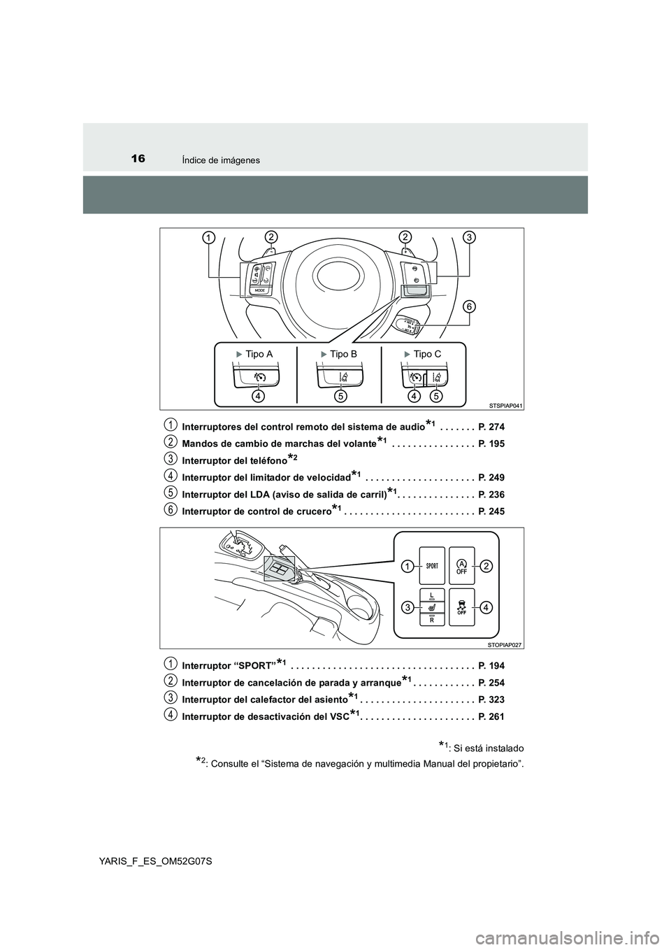 TOYOTA YARIS 2016 Manual del propietario (in Spanish) 16Índice de imágenes
YARIS_F_ES_OM52G07S
Interruptores del control remoto del sistema de audio*1 . . . . . . . P. 274
Mandos de cambio de marchas del volante*1 . . . . . . . . . . . . . . . . P. TOYOTA YARIS 2016 Manual del propietario (in Spanish) 16Índice de imágenes
YARIS_F_ES_OM52G07S
Interruptores del control remoto del sistema de audio*1 . . . . . . . P. 274
Mandos de cambio de marchas del volante*1 . . . . . . . . . . . . . . . . P.