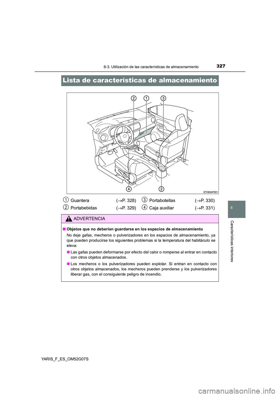 TOYOTA YARIS 2016  Manual del propietario (in Spanish) 3276-3. Utilización de las características de almacenamiento
6
Características interiores
YARIS_F_ES_OM52G07S
Lista de características de almacenamiento
Guantera  (P. 328) 
Portabebidas ( P.