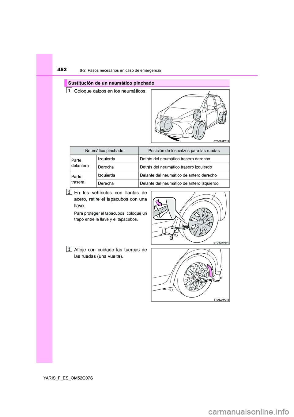 TOYOTA YARIS 2016  Manual del propietario (in Spanish) 4528-2. Pasos necesarios en caso de emergencia
YARIS_F_ES_OM52G07S
Coloque calzos en los neumáticos. 
En los vehículos con llantas de 
acero, retire el tapacubos con una 
llave.
Para proteger el tap