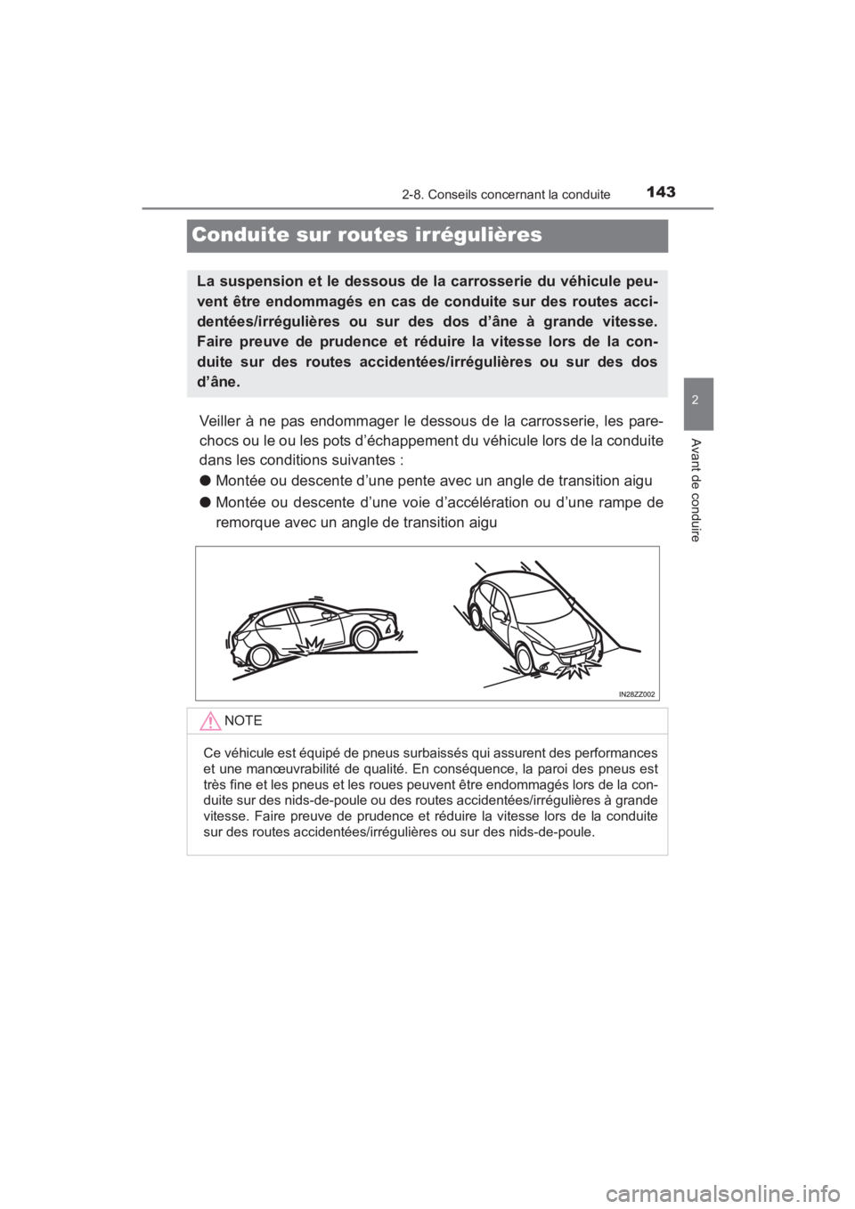 TOYOTA YARIS 2016 Manuel du propriétaire (in French) 143
YARIS_SEDAN_OM_OM99M19z_(D)
2-8. Conseils concernant la conduite
2
Avant de conduire
Conduite sur routes irrégulières
Veiller à ne pas endommager le dessous de la carrosserie, les pare-
chocs o TOYOTA YARIS 2016 Manuel du propriétaire (in French) 143
YARIS_SEDAN_OM_OM99M19z_(D)
2-8. Conseils concernant la conduite
2
Avant de conduire
Conduite sur routes irrégulières
Veiller à ne pas endommager le dessous de la carrosserie, les pare-
chocs o