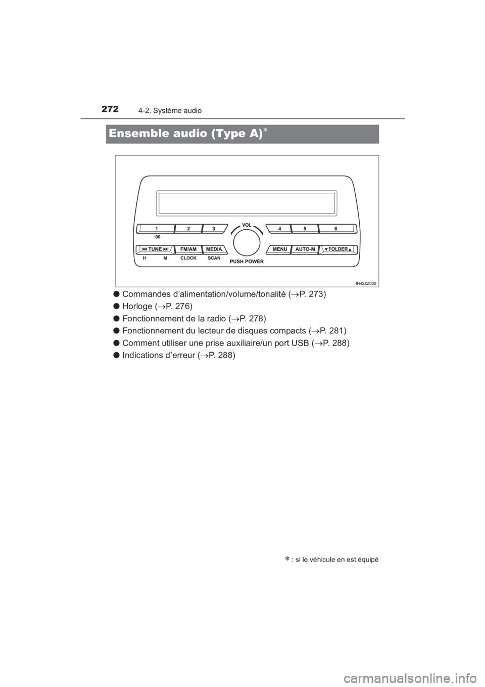 TOYOTA YARIS 2016  Manuel du propriétaire (in French) 272
YARIS_SEDAN_OM_OM99M19z_(D)
4-2. Système audio
Ensemble audio (Type A)∗
●Commandes d’alimentation/volume/tonalité ( →P. 273)
● Horloge ( →P. 276)
● Fonctionnement de la radio ( →