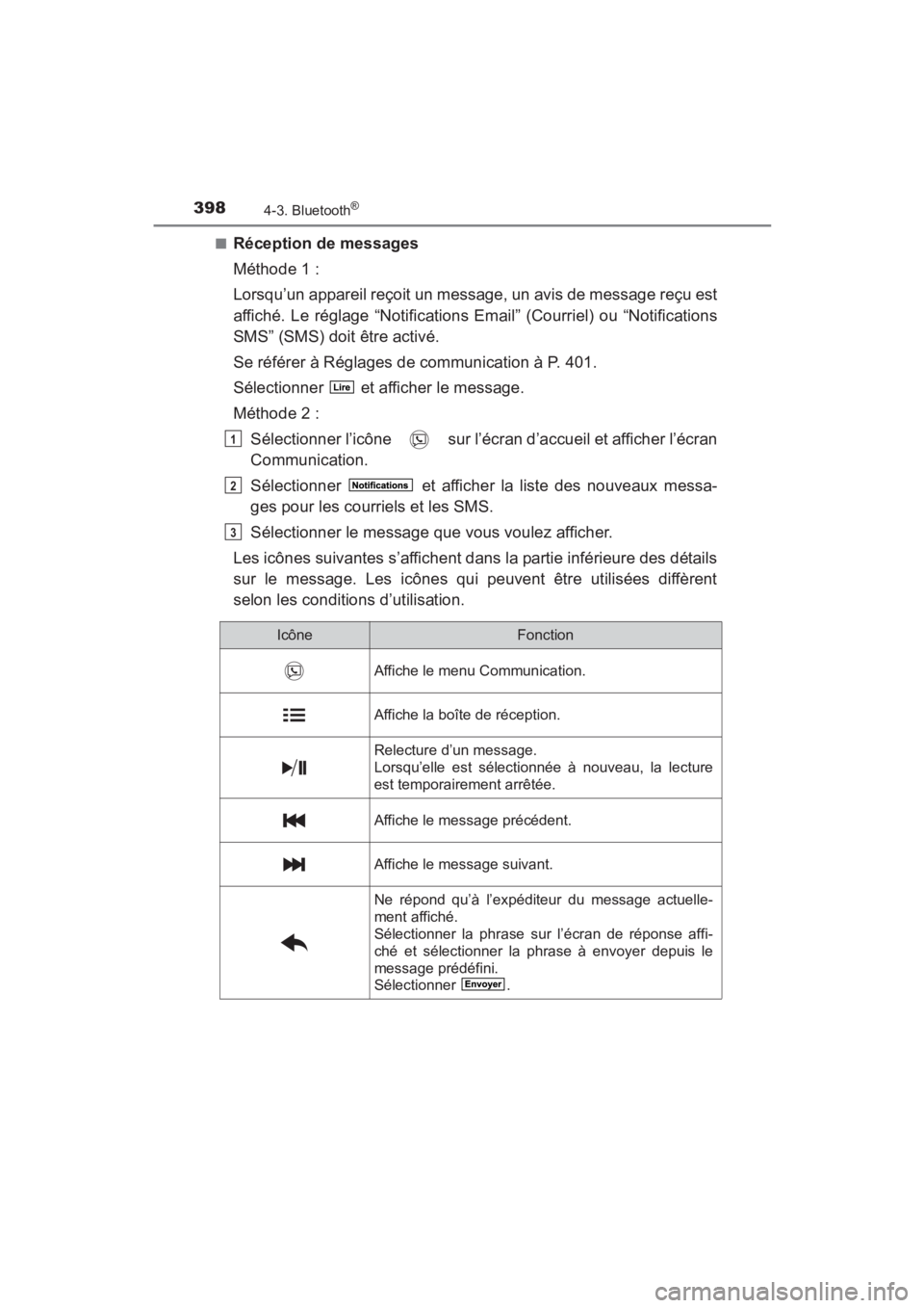 TOYOTA YARIS 2016 Manuel du propriétaire (in French) 398
YARIS_SEDAN_OM_OM99M19z_(D)
4-3. Bluetooth®
■Réception de messages
Méthode 1 :
Lorsqu’un appareil reçoit un message, un avis de message reçu est
affiché. Le réglage “Notifications Ema TOYOTA YARIS 2016 Manuel du propriétaire (in French) 398
YARIS_SEDAN_OM_OM99M19z_(D)
4-3. Bluetooth®
■Réception de messages
Méthode 1 :
Lorsqu’un appareil reçoit un message, un avis de message reçu est
affiché. Le réglage “Notifications Ema