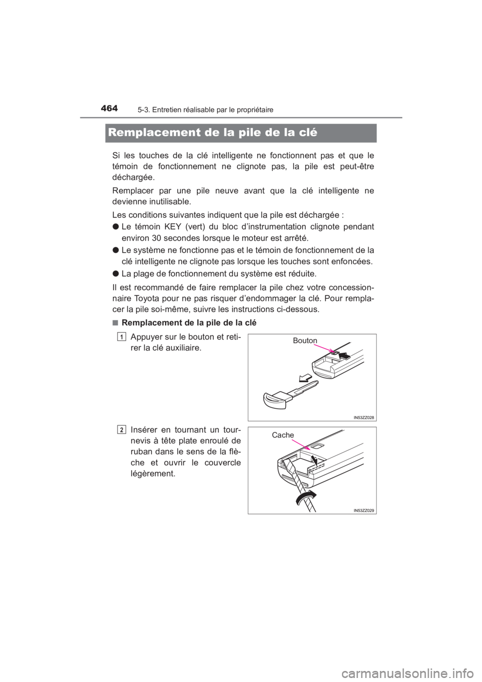 TOYOTA YARIS 2016 Manuel du propriétaire (in French) 464
YARIS_SEDAN_OM_OM99M19z_(D)
5-3. Entretien réalisable par le propriétaire
Remplacement de la pile de la clé
Si les touches de la clé intelligente ne fonctionnent pas et que le
témoin de fonct TOYOTA YARIS 2016 Manuel du propriétaire (in French) 464
YARIS_SEDAN_OM_OM99M19z_(D)
5-3. Entretien réalisable par le propriétaire
Remplacement de la pile de la clé
Si les touches de la clé intelligente ne fonctionnent pas et que le
témoin de fonct