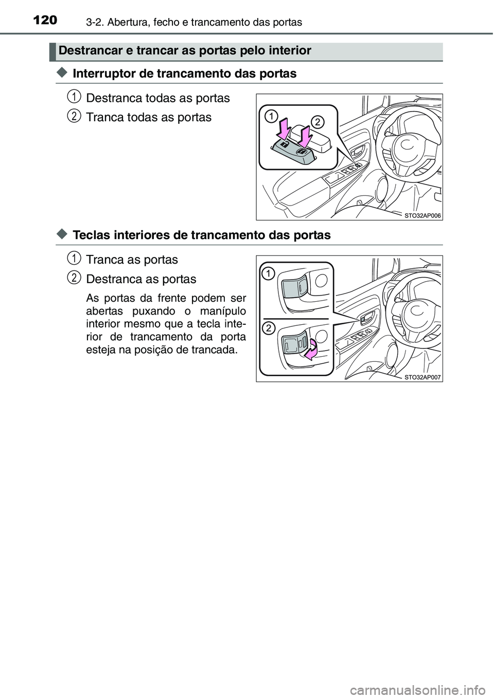 TOYOTA YARIS HATCHBACK 2015  Manual de utilização (in Portuguese) 1203-2. Abertura, fecho e trancamento das portas
◆Interruptor de trancamento das portas
Destranca todas as portas
Tranca todas as portas
◆Teclas interiores de trancamento das portas
Tranca as port