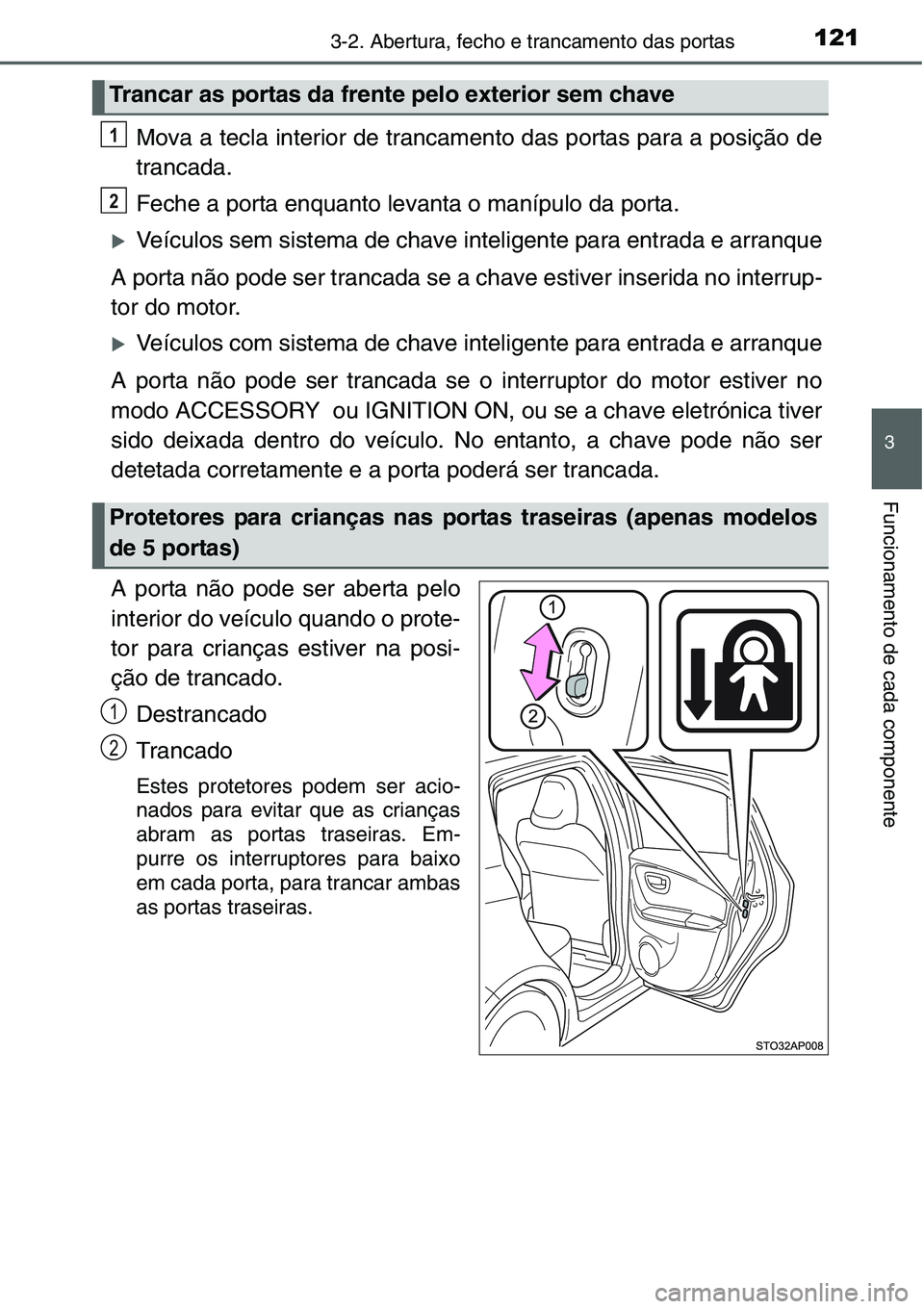 TOYOTA YARIS HATCHBACK 2015  Manual de utilização (in Portuguese) 1213-2. Abertura, fecho e trancamento das portas
3
Funcionamento de cada componente
Mova a tecla interior de trancamento das portas para a posição de
trancada.
Feche a porta enquanto levanta o maní