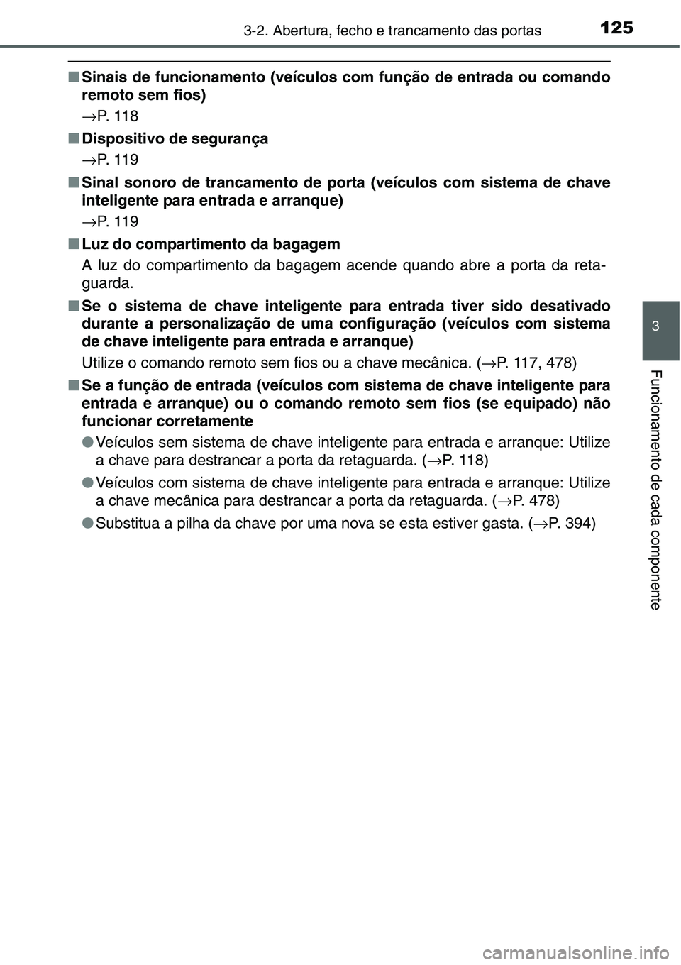 TOYOTA YARIS HATCHBACK 2015  Manual de utilização (in Portuguese) 1253-2. Abertura, fecho e trancamento das portas
3
Funcionamento de cada componente
■Sinais de funcionamento (veículos com função de entrada ou comando
remoto sem fios)
→P.  1 1 8
■Dispositiv