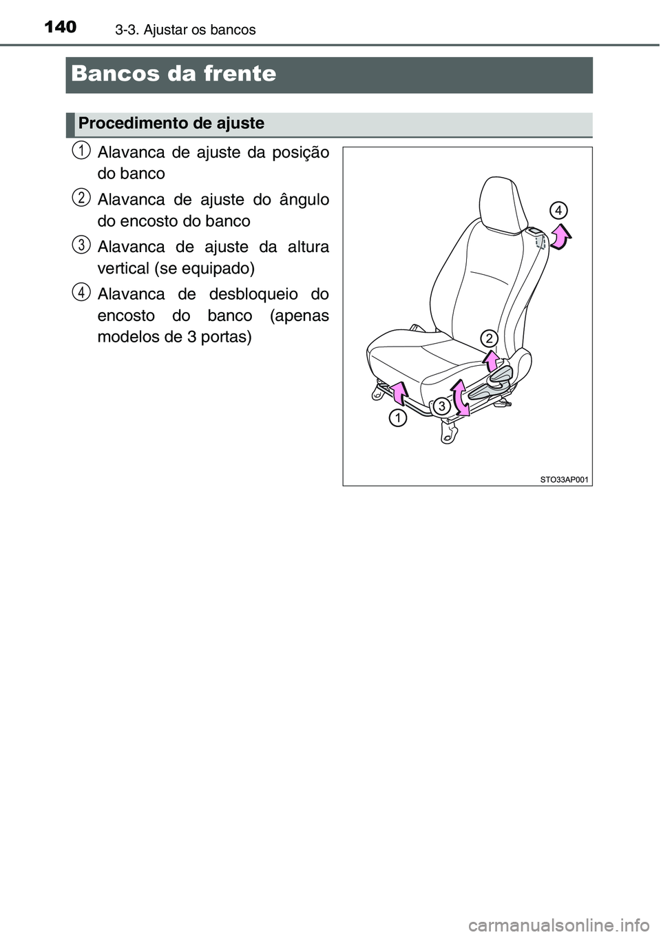 TOYOTA YARIS HATCHBACK 2015  Manual de utilização (in Portuguese) 1403-3. Ajustar os bancos
Bancos da frente
Alavanca de ajuste da posição
do banco
Alavanca de ajuste do ângulo
do encosto do banco
Alavanca de ajuste da altura
vertical (se equipado)
Alavanca de de