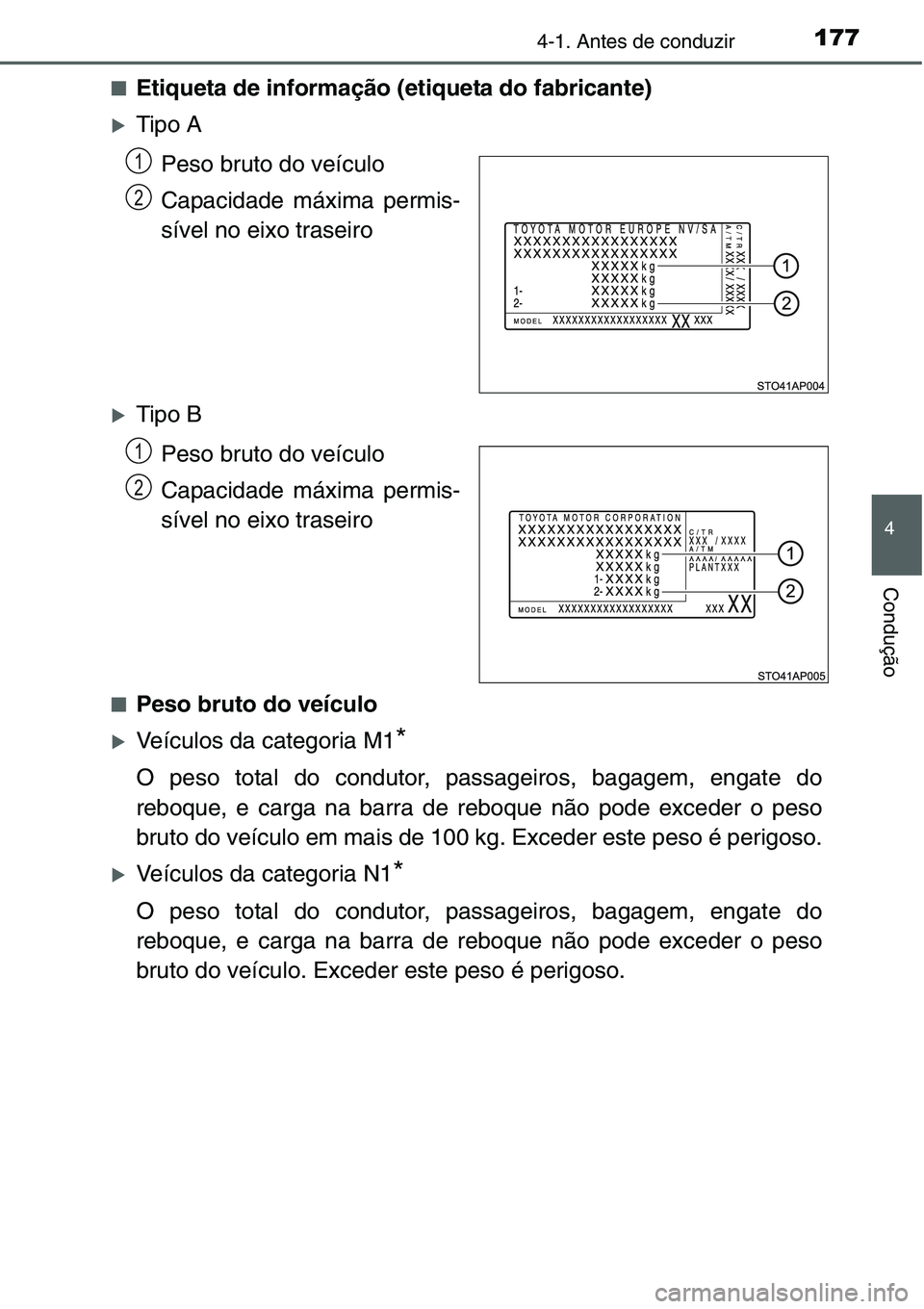 TOYOTA YARIS HATCHBACK 2015  Manual de utilização (in Portuguese) 1774-1. Antes de conduzir
4
Condução
■Etiqueta de informação (etiqueta do fabricante)
�XTipo A
Peso bruto do veículo
Capacidade máxima permis-
sível no eixo traseiro
�XTipo B
Peso bruto do ve