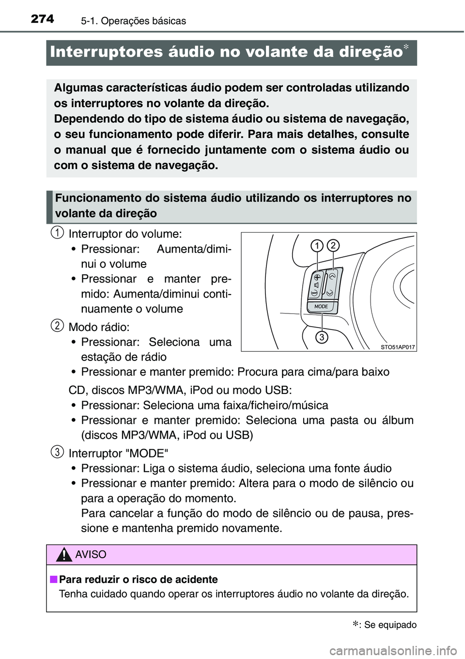 TOYOTA YARIS HATCHBACK 2015  Manual de utilização (in Portuguese) 2745-1. Operações básicas
Interruptores áudio no volante da direção∗
Interruptor do volume:
• Pressionar: Aumenta/dimi-
nui o volume
• Pressionar e manter pre-
mido: Aumenta/diminui conti-