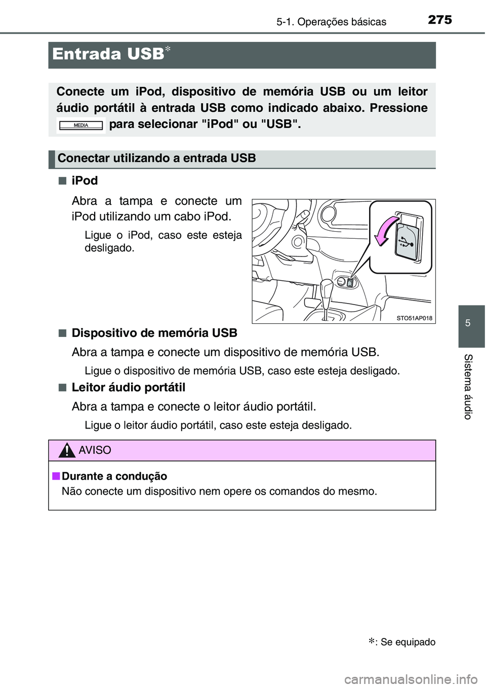 TOYOTA YARIS HATCHBACK 2015  Manual de utilização (in Portuguese) 275
5
5-1. Operações básicas
Sistema áudio
Entrada USB∗
■iPod
Abra a tampa e conecte um
iPod utilizando um cabo iPod.
Ligue o iPod, caso este esteja
desligado.
■
Dispositivo de memória USB
