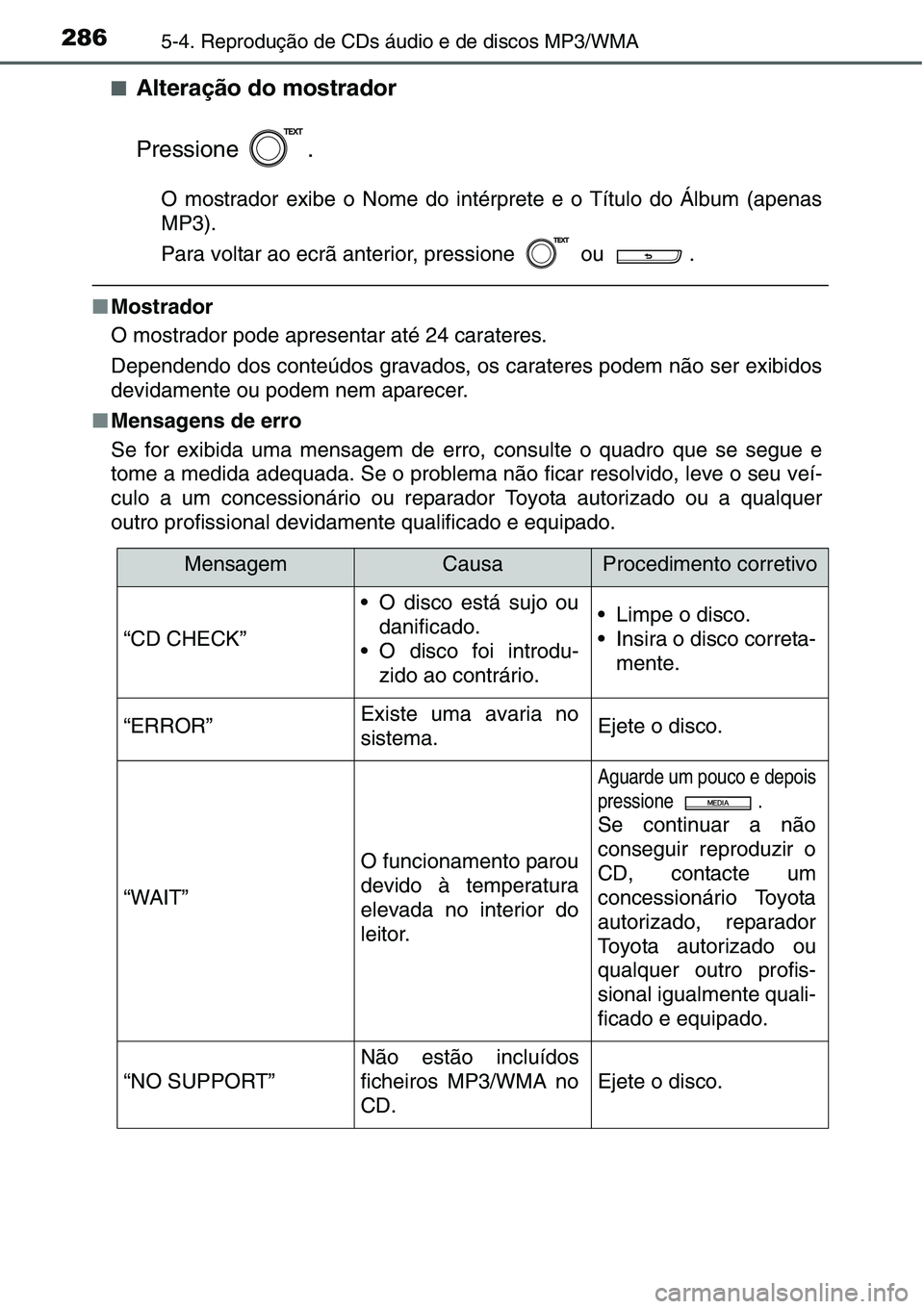 TOYOTA YARIS HATCHBACK 2015  Manual de utilização (in Portuguese) 2865-4. Reprodução de CDs áudio e de discos MP3/WMA
■Alteração do mostrador
Pressione .
O mostrador exibe o Nome do intérprete e o Título do Álbum (apenas
MP3).
Para voltar ao ecrã anterior