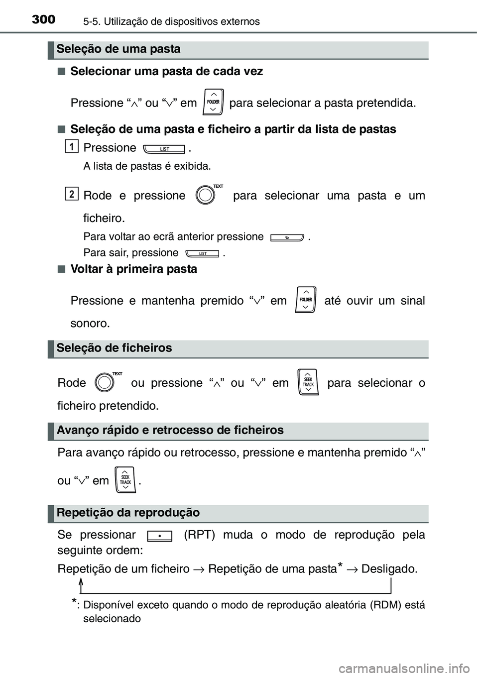 TOYOTA YARIS HATCHBACK 2015  Manual de utilização (in Portuguese) 3005-5. Utilização de dispositivos externos
■Selecionar uma pasta de cada vez
Pressione “∧” ou “∨” em   para selecionar a pasta pretendida.
■Seleção de uma pasta e ficheiro a parti