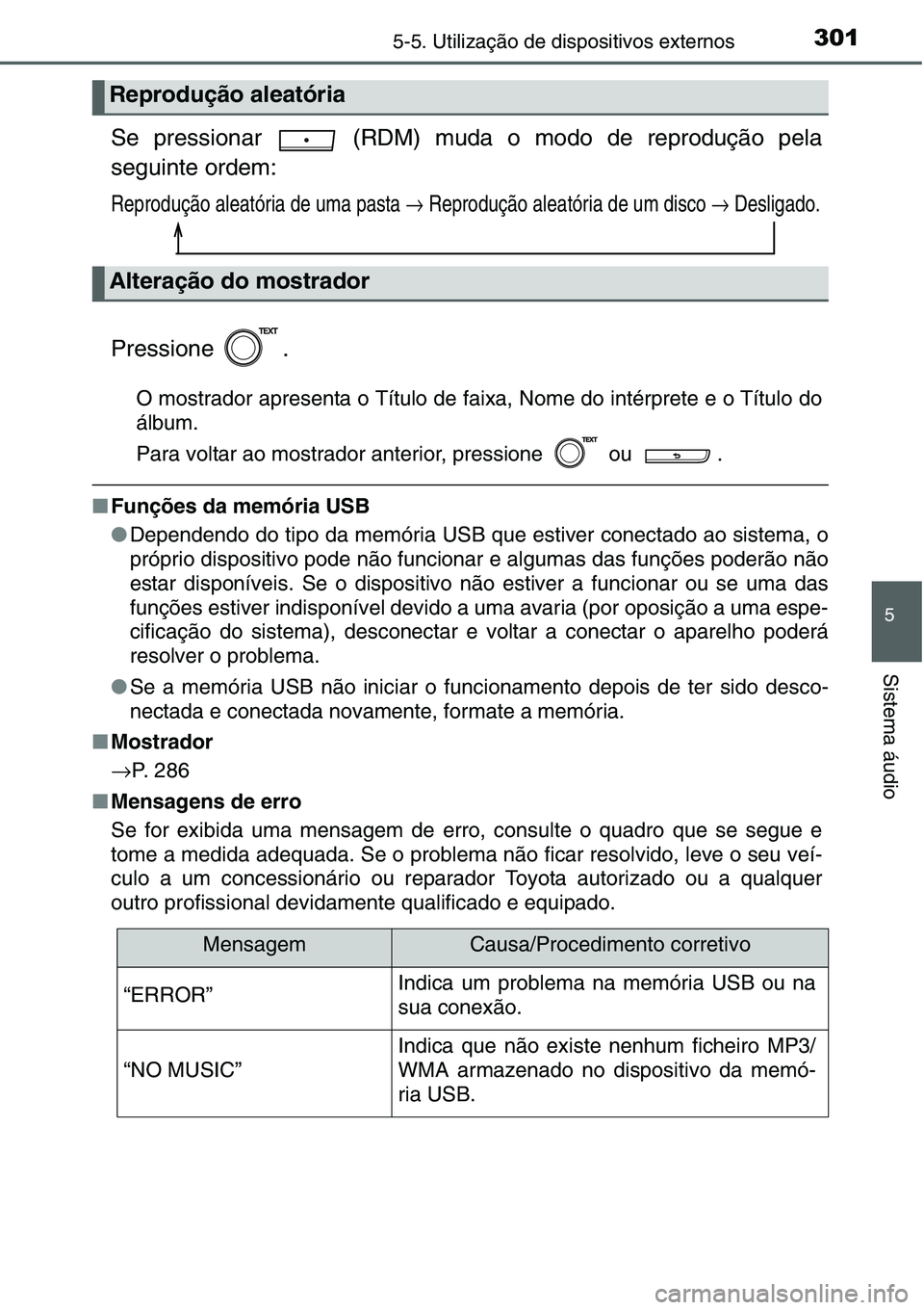 TOYOTA YARIS HATCHBACK 2015  Manual de utilização (in Portuguese) 3015-5. Utilização de dispositivos externos
5
Sistema áudio
Se pressionar   (RDM) muda o modo de reprodução pela
seguinte ordem:
Reprodução aleatória de uma pasta → Reprodução aleatória d