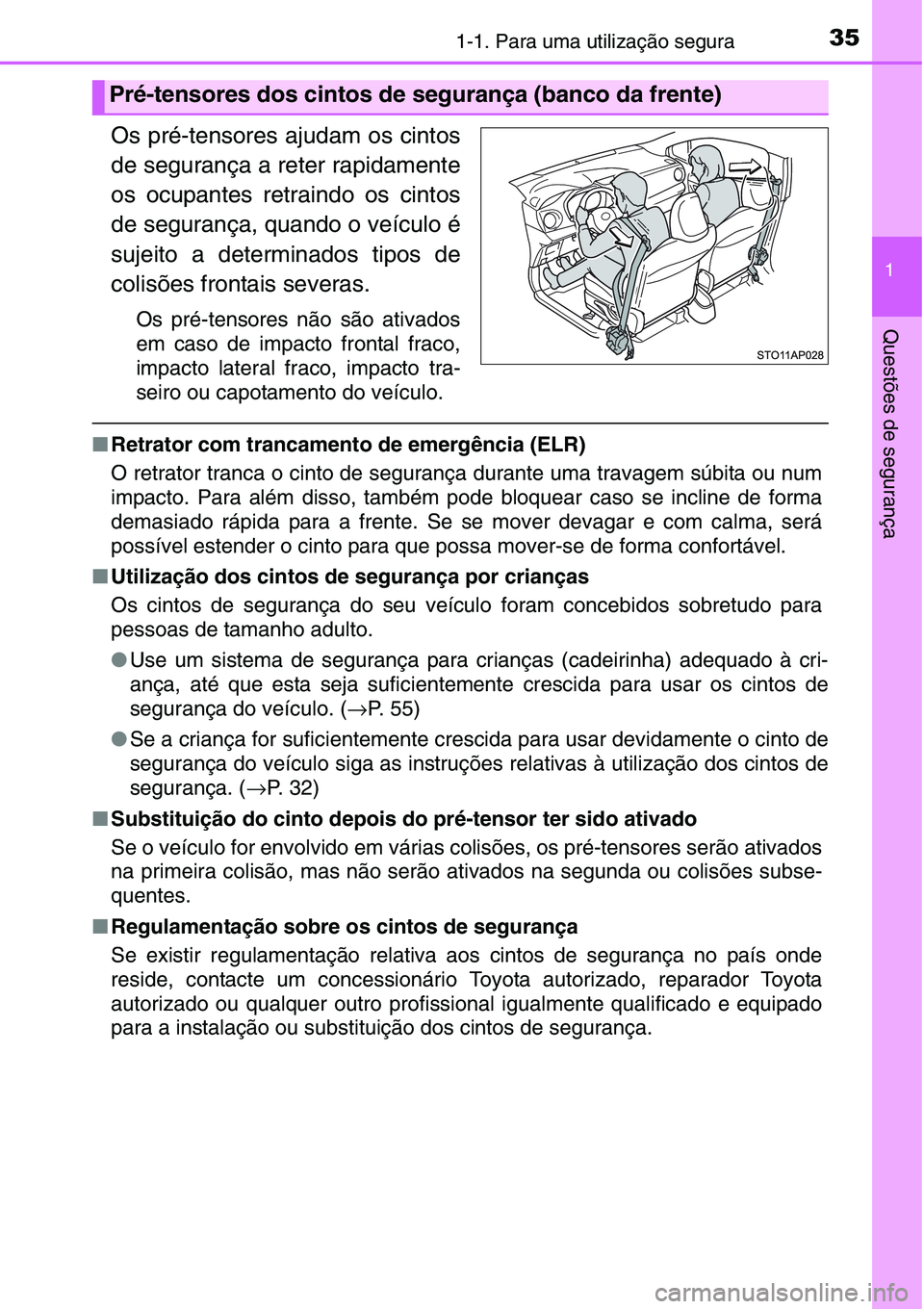 TOYOTA YARIS HATCHBACK 2015  Manual de utilização (in Portuguese) 351-1. Para uma utilização segura
1
Questões de segurança
Os pré-tensores ajudam os cintos
de segurança a reter rapidamente
os ocupantes retraindo os cintos
de segurança, quando o veículo é
s
