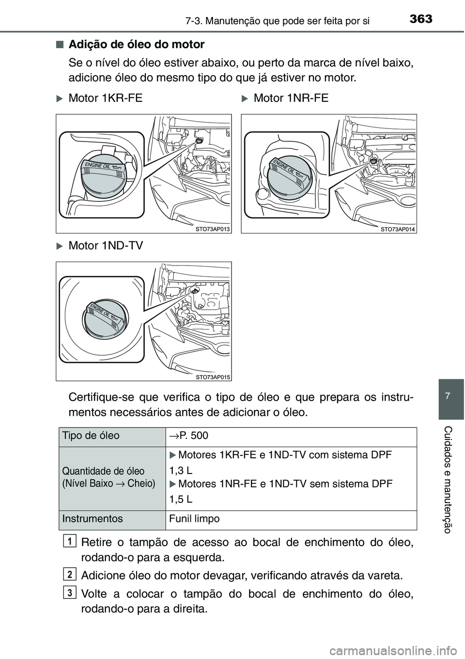 TOYOTA YARIS HATCHBACK 2015  Manual de utilização (in Portuguese) 3637-3. Manutenção que pode ser feita por si
7
Cuidados e manutenção
■Adição de óleo do motor
Se o nível do óleo estiver abaixo, ou perto da marca de nível baixo,
adicione óleo do mesmo t