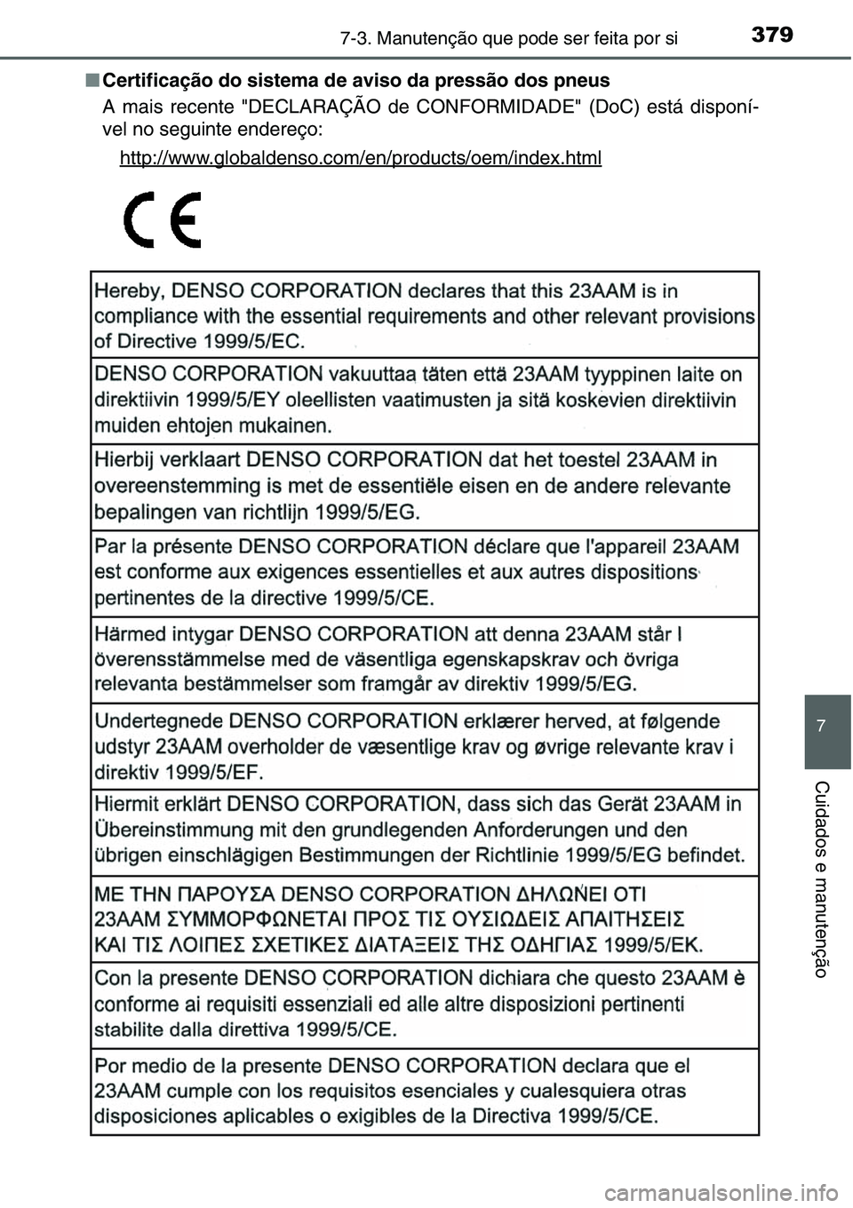 TOYOTA YARIS HATCHBACK 2015  Manual de utilização (in Portuguese) 3797-3. Manutenção que pode ser feita por si
7
Cuidados e manutenção
■Certificação do sistema de aviso da pressão dos pneus
A mais recente "DECLARAÇÃO de CONFORMIDADE" (DoC) está d