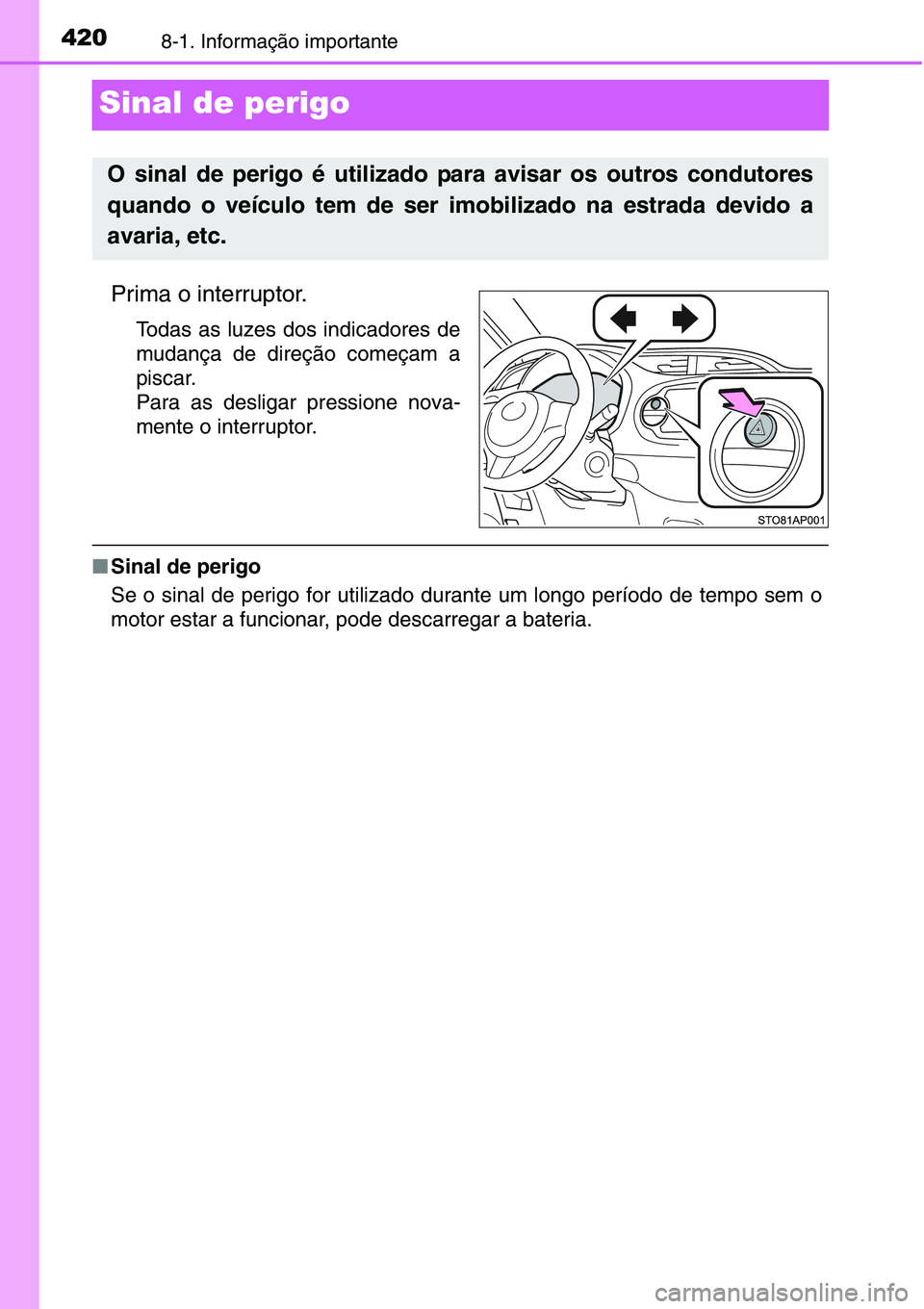 TOYOTA YARIS HATCHBACK 2015  Manual de utilização (in Portuguese) 4208-1. Informação importante
Sinal de perigo
Prima o interruptor. 
Todas as luzes dos indicadores de
mudança de direção começam a
piscar.
Para as desligar pressione nova-
mente o interruptor.
